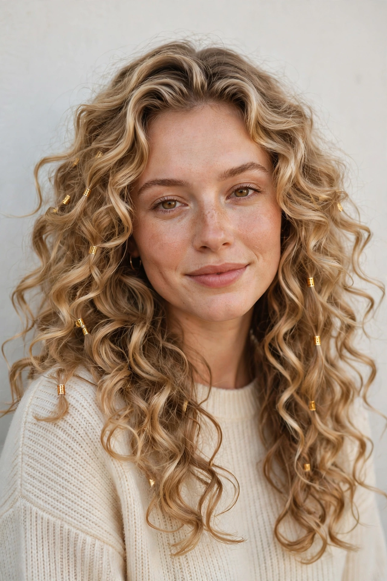 20 Valentine Date Night Hairstyles for Women in Their 20s with Bouncy Curls That Are Romantic, Chic and Easy to Wear 4 Honey Blonde Valentine Date Night Hairstyles with Bouncy Curls with Small Gold Cuffs
