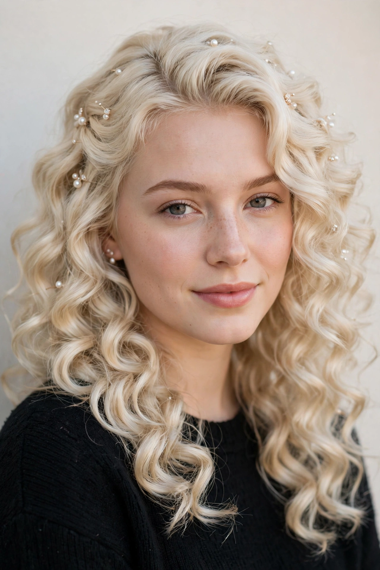 20 Valentine Date Night Hairstyles for Women in Their 20s with Bouncy Curls That Are Romantic, Chic and Easy to Wear 6 Platinum Blonde Valentine Date Night Hairstyles with Bouncy Curls with Delicate Pearl Pins