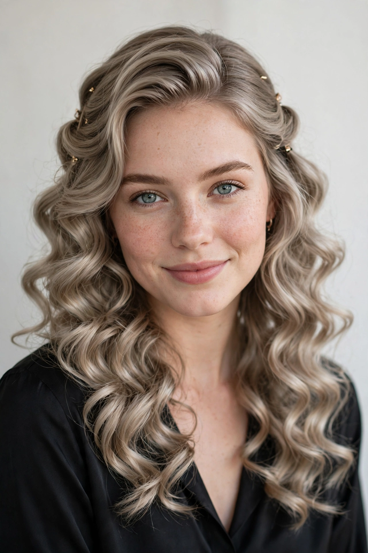 20 Valentine Date Night Hairstyles for Women in Their 20s with Bouncy Curls That Are Romantic, Chic and Easy to Wear 8 Ash Blonde Valentine Date Night Hairstyles with Bouncy Curls with Minimal Gold Pins