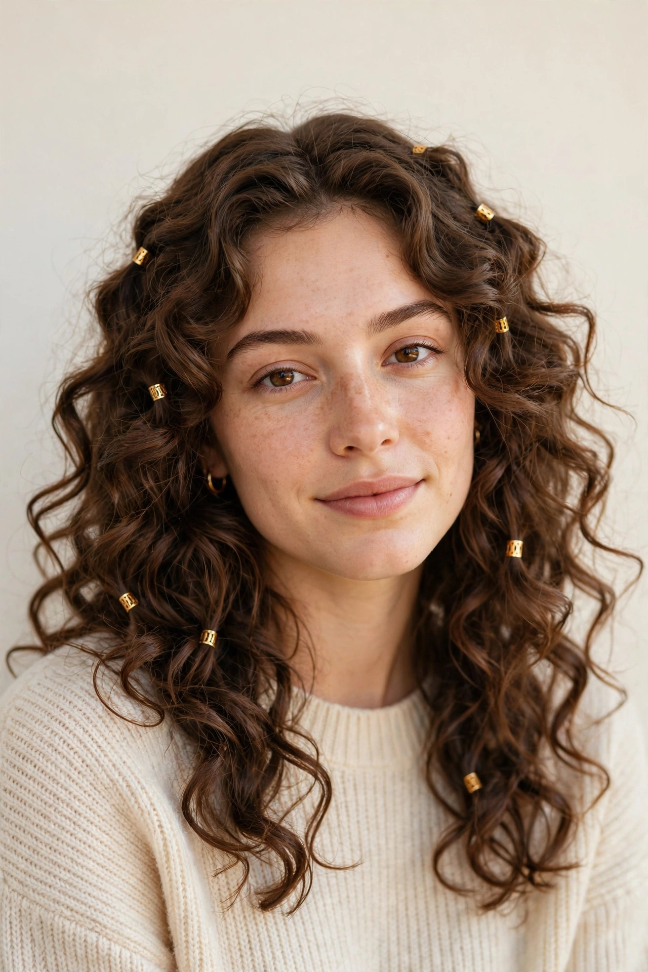 20 Valentine Date Night Hairstyles for Women in Their 20s with Bouncy Curls That Are Romantic, Chic and Easy to Wear 12 Warm Brown Valentine Date Night Hairstyles with Bouncy Curls with Small Gold Cuffs