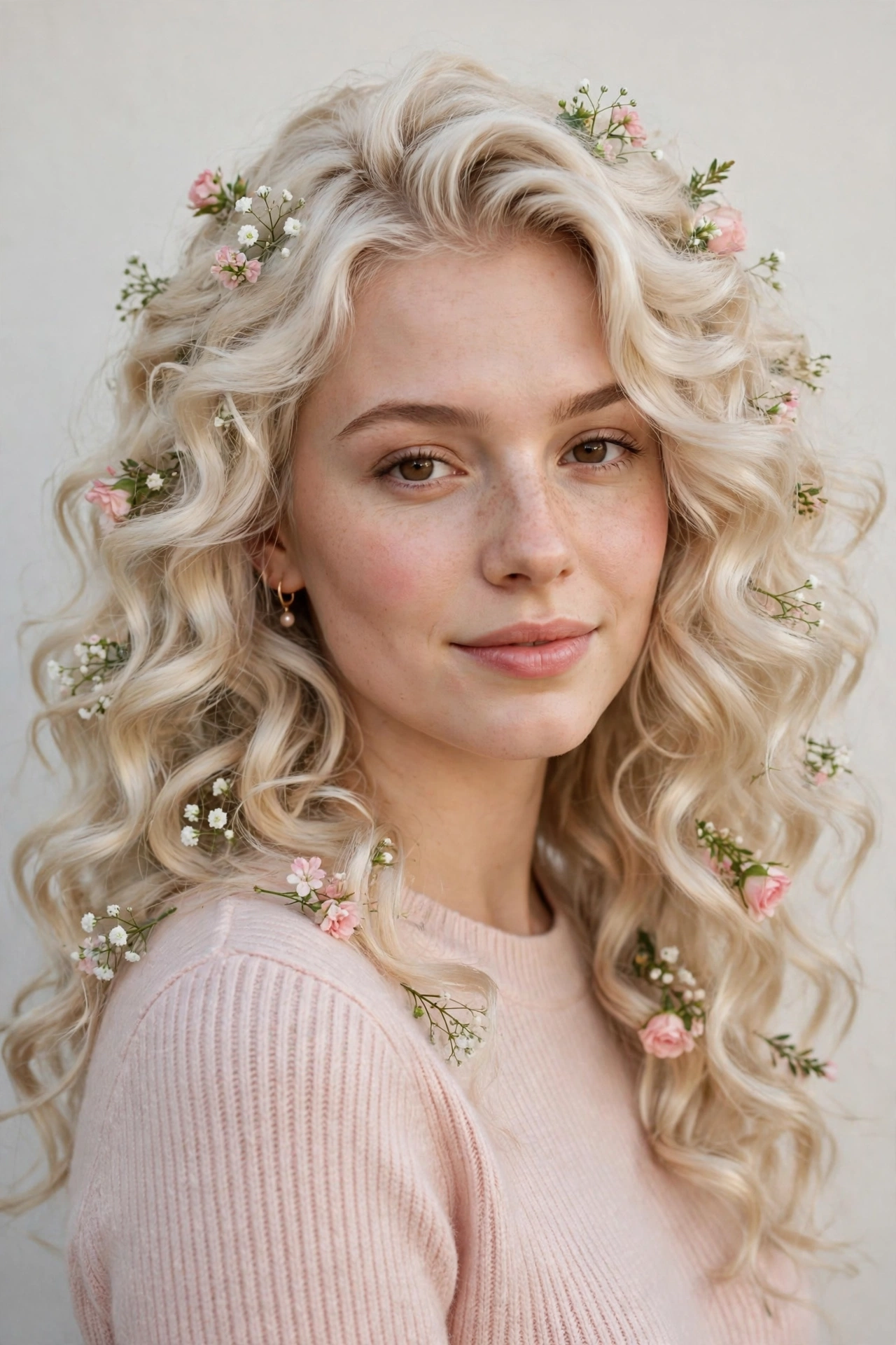 20 Valentine Date Night Hairstyles for Women in Their 20s with Bouncy Curls That Are Romantic, Chic and Easy to Wear 18 Platinum Blonde Valentine Date Night Hairstyles with Bouncy Curls with Tiny Fresh Flowers