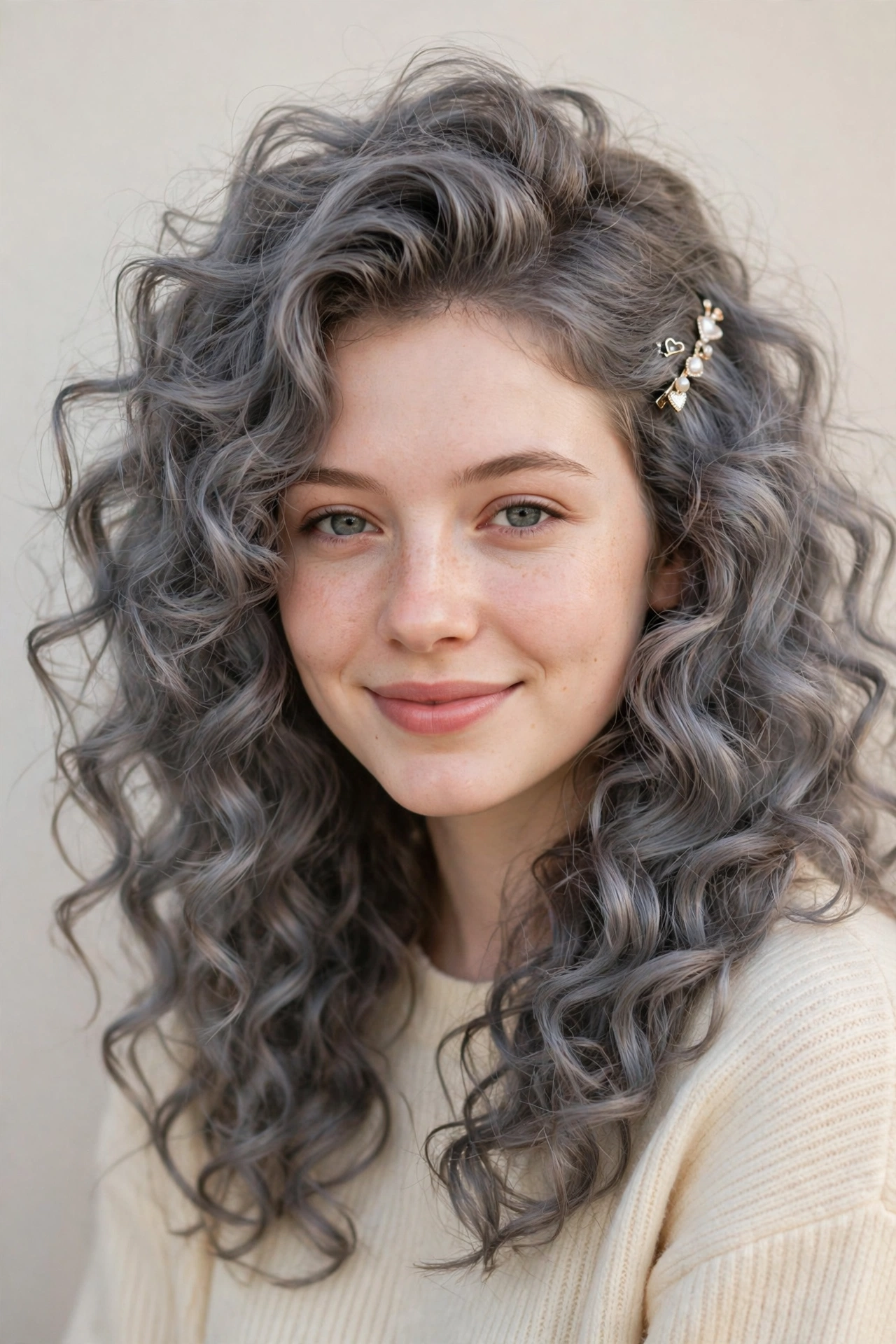 20 Valentine Date Night Hairstyles for Women in Their 20s with Bouncy Curls That Are Romantic, Chic and Easy to Wear 19 Valentine Date Night Hairstyles with Bouncy Curls in soft grey-blended with a voluminous at the roots finish