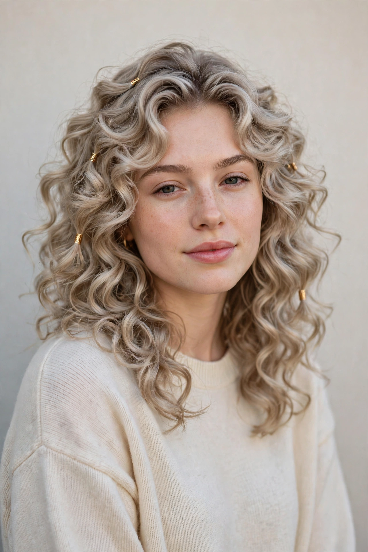 20 Valentine Date Night Hairstyles for Women in Their 20s with Bouncy Curls That Are Romantic, Chic and Easy to Wear 20 Ash Blonde Valentine Date Night Hairstyles with Bouncy Curls with Small Gold Cuffs