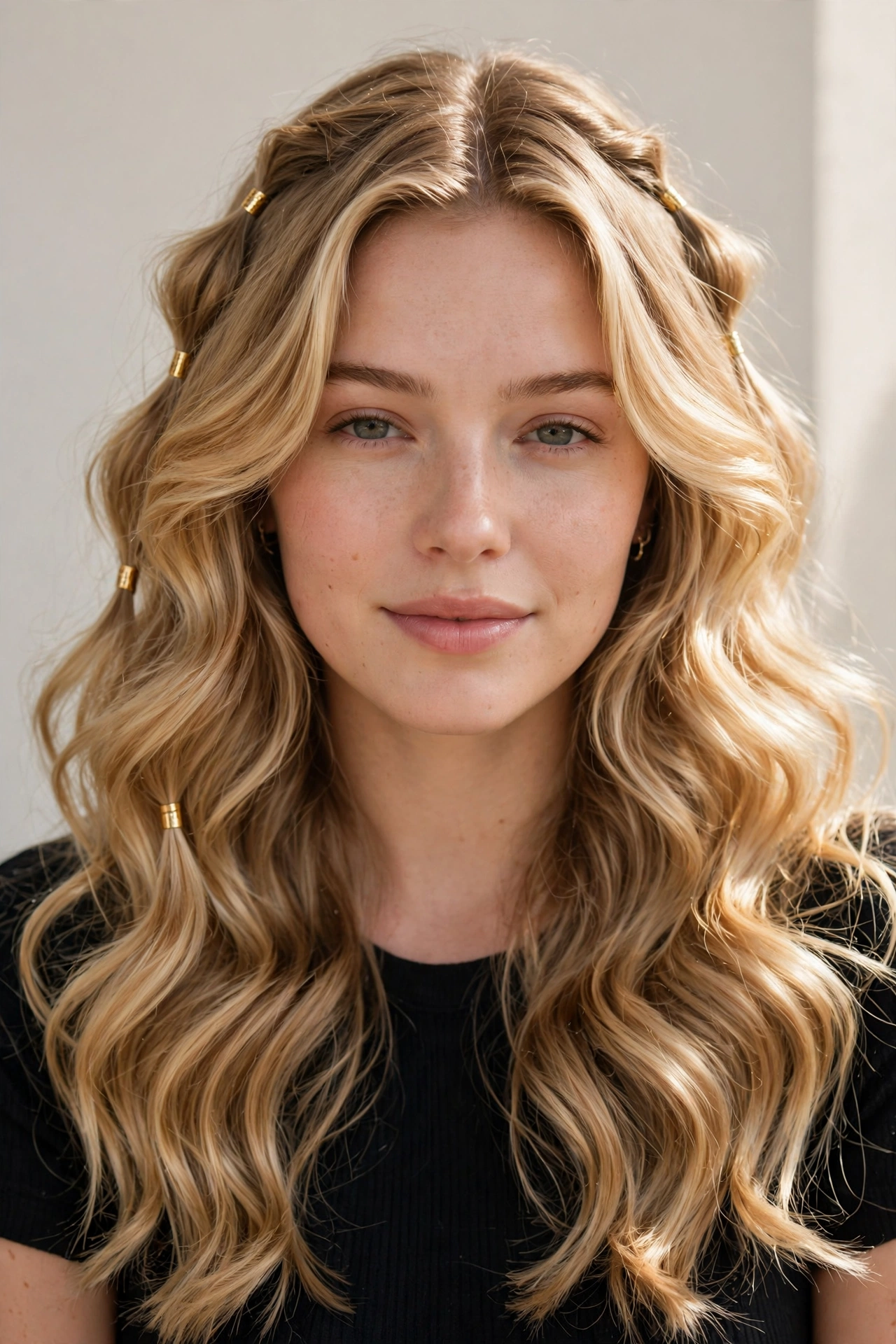 18 Valentine Date Night Hairstyles for Women in Their 20s with Glossy Waves That Are Romantic, Chic and Easy to Wear 4 Honey Blonde Valentine Date Night Hairstyles with Glossy Waves with Small Gold Cuffs