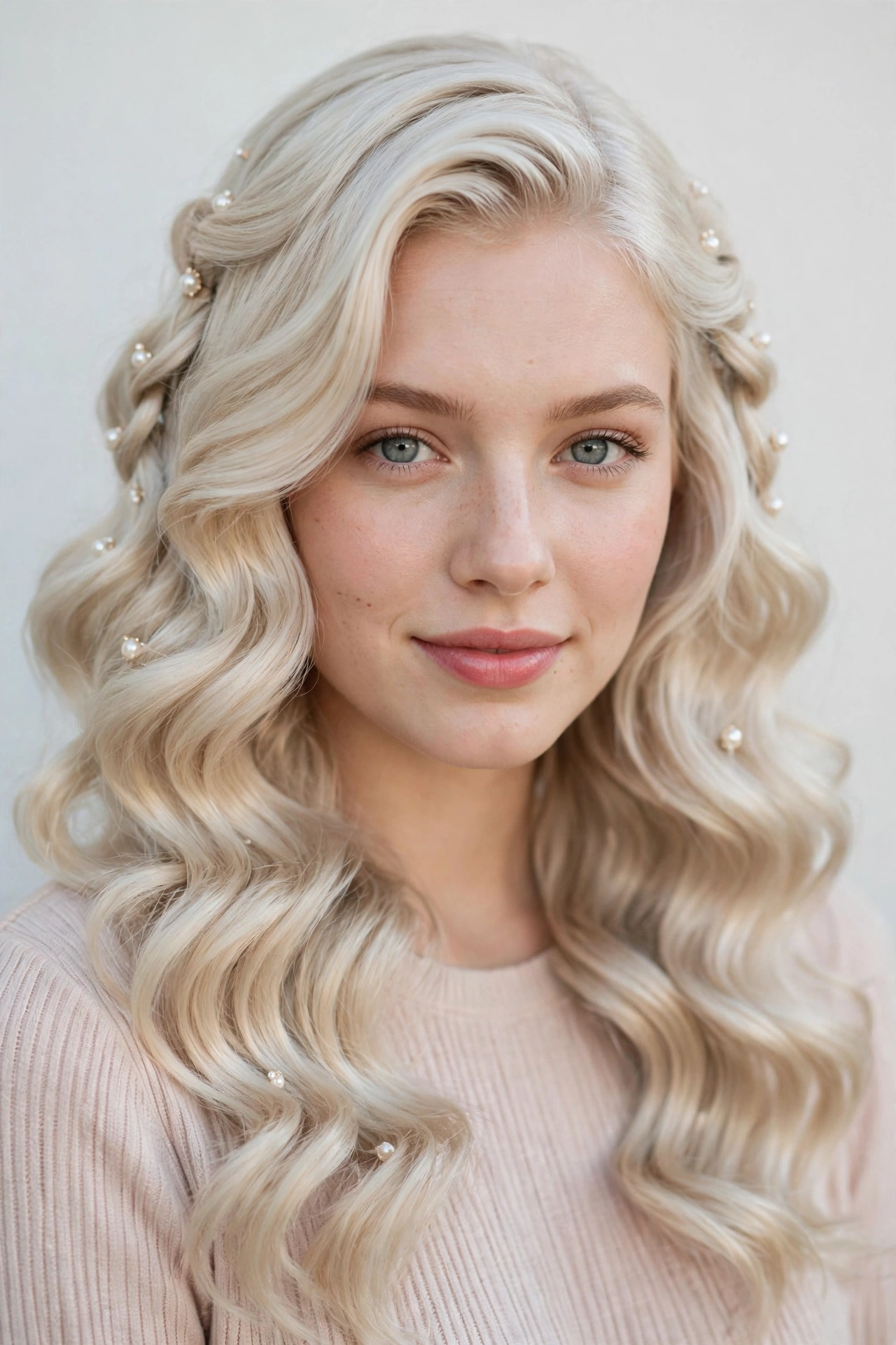 18 Valentine Date Night Hairstyles for Women in Their 20s with Glossy Waves That Are Romantic, Chic and Easy to Wear 6 Platinum Blonde Valentine Date Night Hairstyles with Glossy Waves with Delicate Pearl Pins