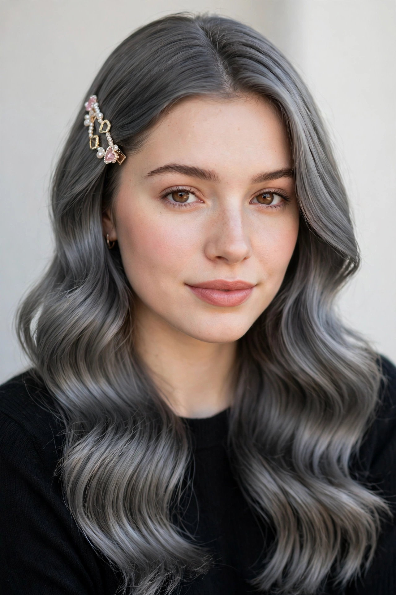 18 Valentine Date Night Hairstyles for Women in Their 20s with Glossy Waves That Are Romantic, Chic and Easy to Wear 7 Valentine Date Night Hairstyles with Glossy Waves in soft grey-blended with a smooth and polished finish