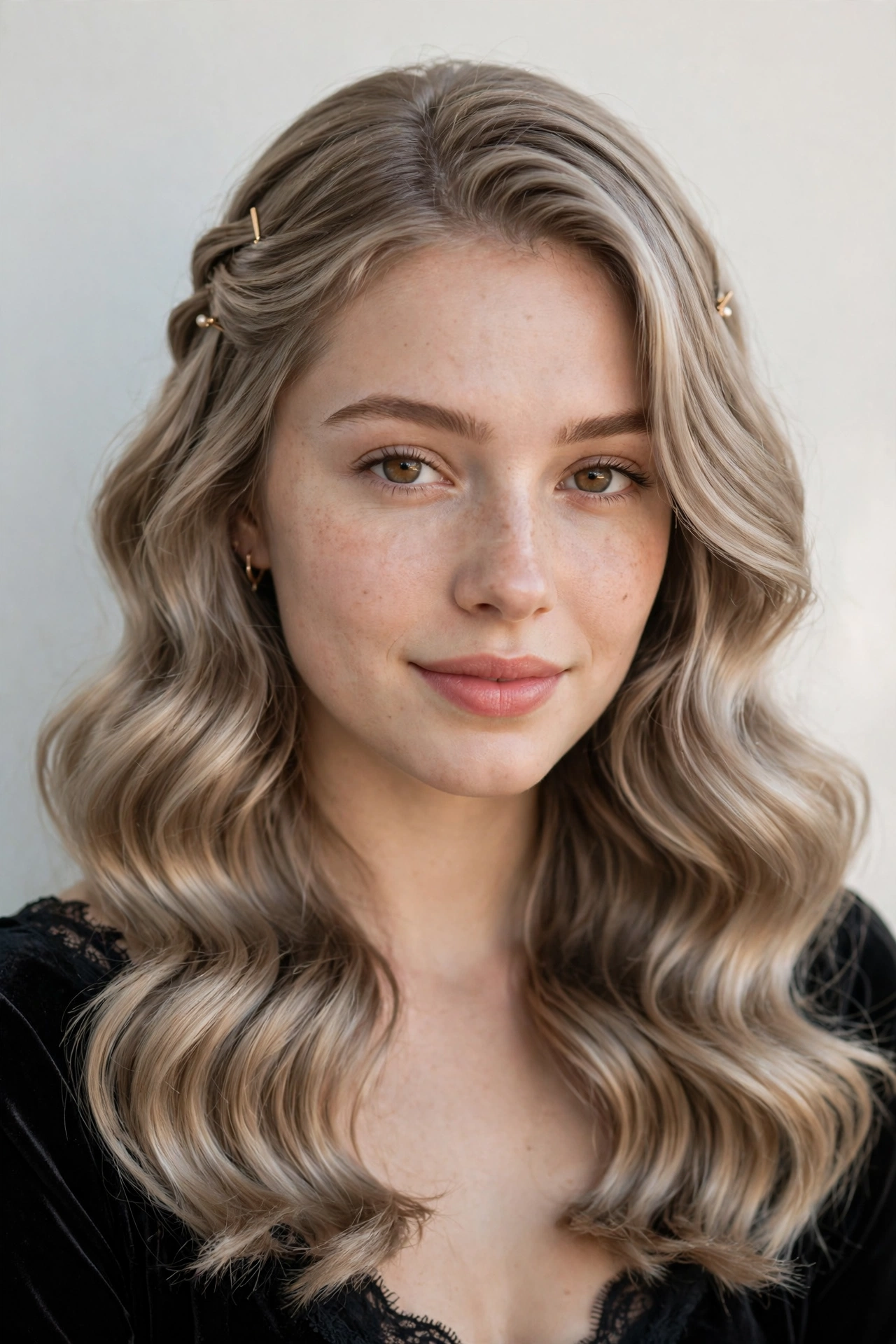 18 Valentine Date Night Hairstyles for Women in Their 20s with Glossy Waves That Are Romantic, Chic and Easy to Wear 8 Ash Blonde Valentine Date Night Hairstyles with Glossy Waves with Minimal Gold Pins
