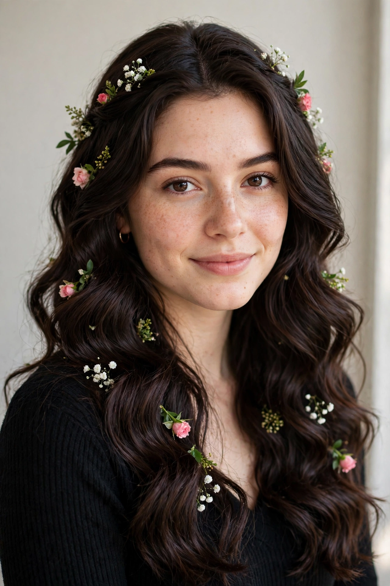 18 Valentine Date Night Hairstyles for Women in Their 20s with Glossy Waves That Are Romantic, Chic and Easy to Wear 10 Deep Brunette Valentine Date Night Hairstyles with Glossy Waves with Tiny Fresh Flowers