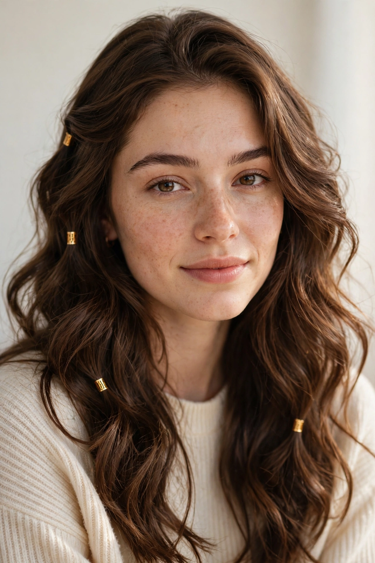 18 Valentine Date Night Hairstyles for Women in Their 20s with Glossy Waves That Are Romantic, Chic and Easy to Wear 12 Warm Brown Valentine Date Night Hairstyles with Glossy Waves with Small Gold Cuffs