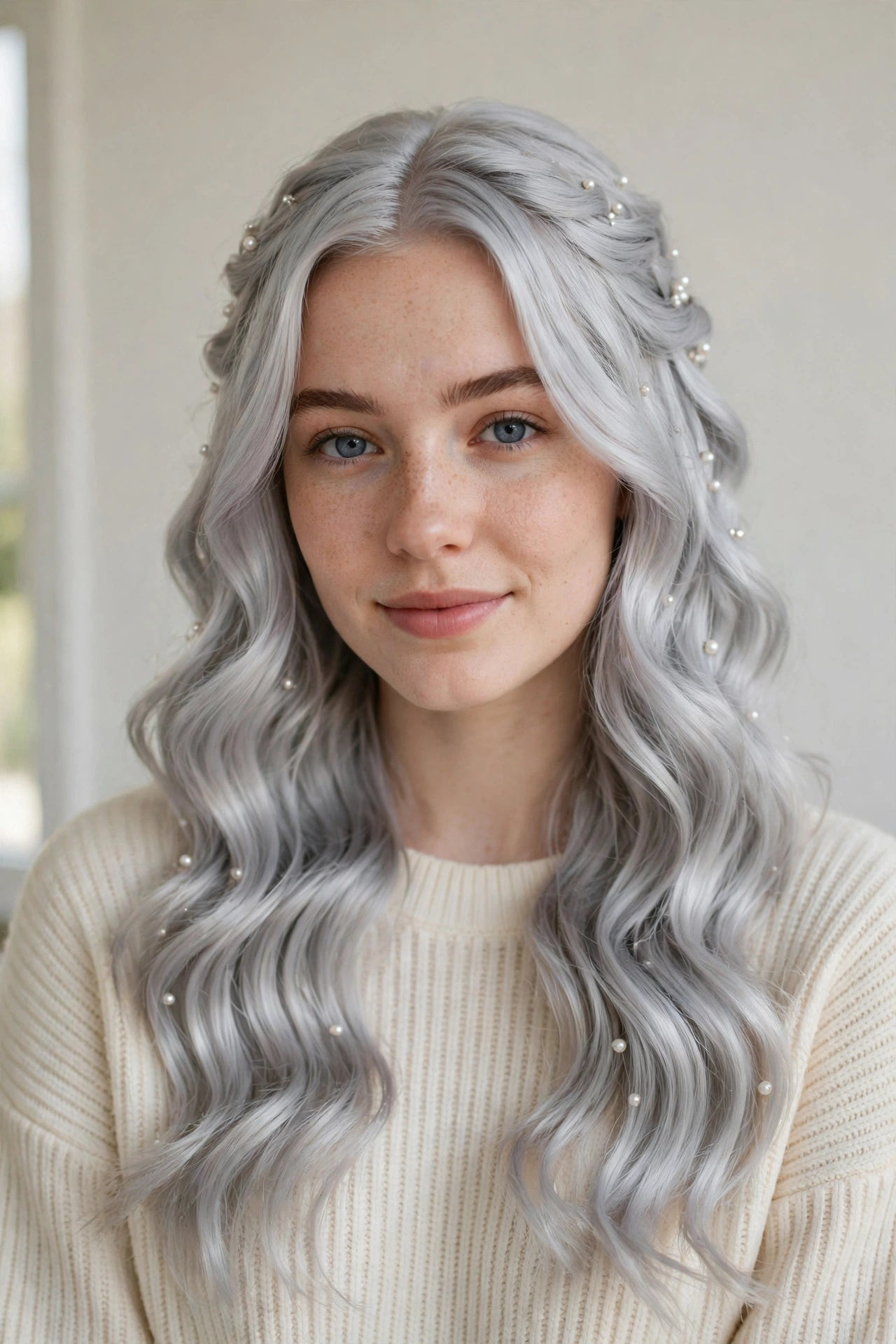 18 Valentine Date Night Hairstyles for Women in Their 20s with Glossy Waves That Are Romantic, Chic and Easy to Wear 14 Silver Valentine Date Night Hairstyles with Glossy Waves with Delicate Pearl Pins