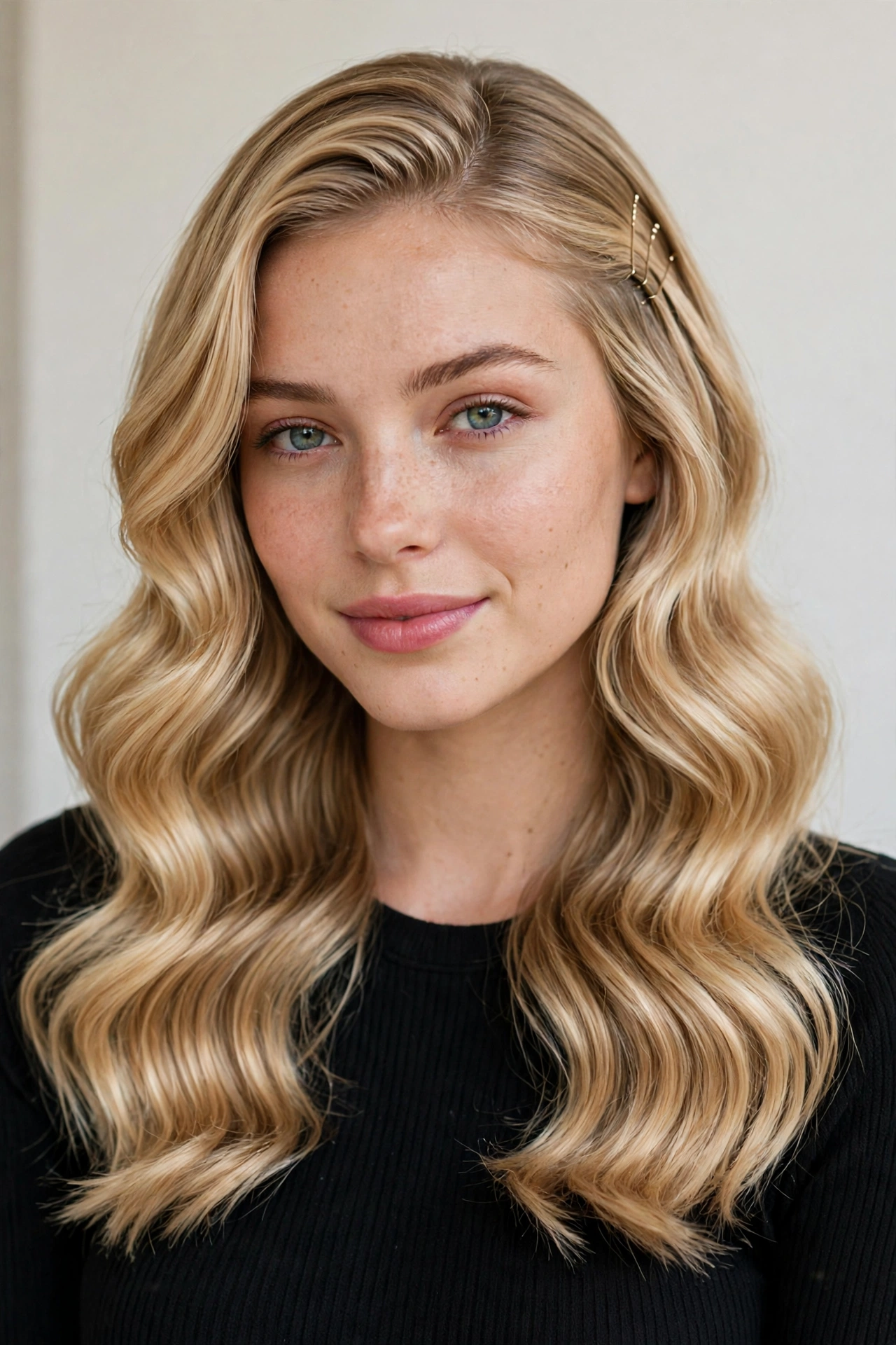18 Valentine Date Night Hairstyles for Women in Their 20s with Glossy Waves That Are Romantic, Chic and Easy to Wear 16 Honey Blonde Valentine Date Night Hairstyles with Glossy Waves with Minimal Gold Pins