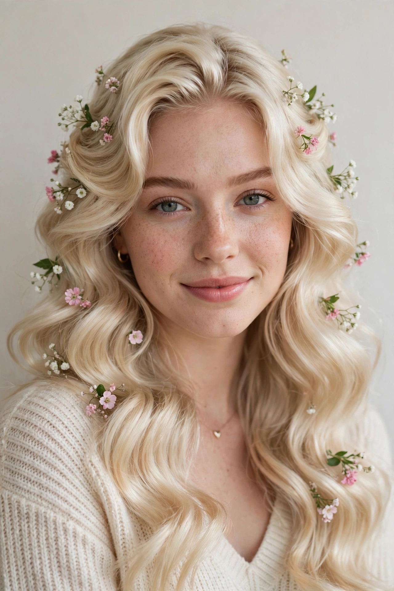 18 Valentine Date Night Hairstyles for Women in Their 20s with Glossy Waves That Are Romantic, Chic and Easy to Wear 18 Platinum Blonde Valentine Date Night Hairstyles with Glossy Waves with Tiny Fresh Flowers