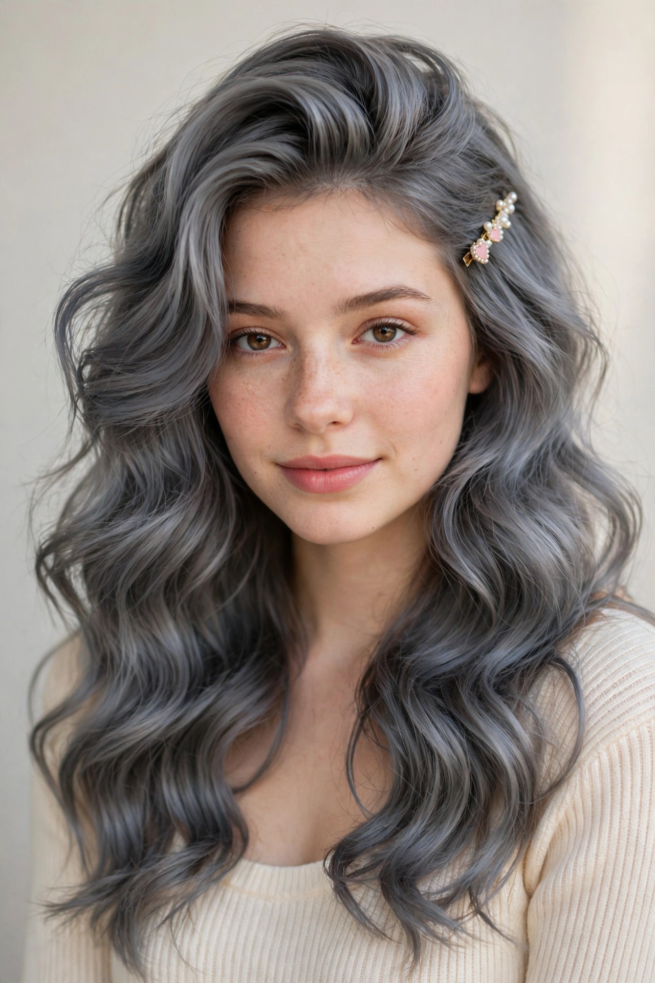 18 Valentine Date Night Hairstyles for Women in Their 20s with Glossy Waves That Are Romantic, Chic and Easy to Wear 19 Valentine Date Night Hairstyles with Glossy Waves in soft grey-blended with a voluminous at the roots finish