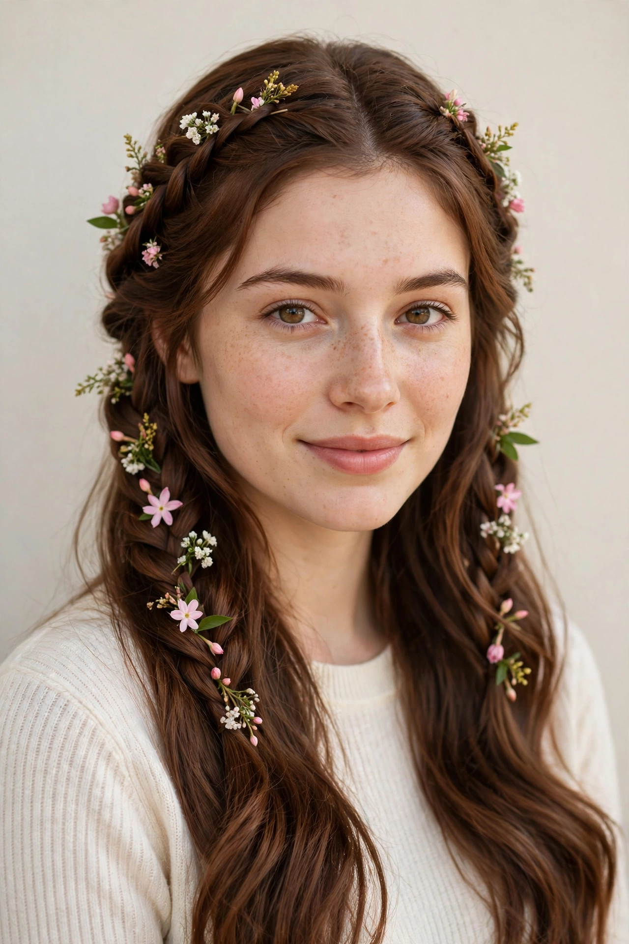 Chestnut Valentine Date Night Hairstyles with Soft Braided Pieces with Tiny Fresh Flowers