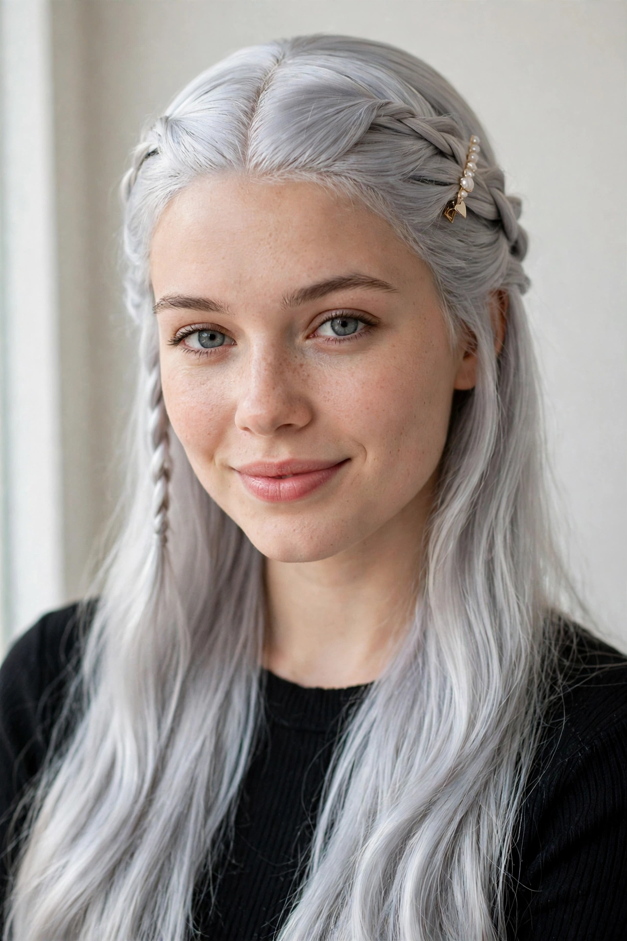 Valentine Date Night Hairstyles with Soft Braided Pieces in silver with a sleek with shine finish