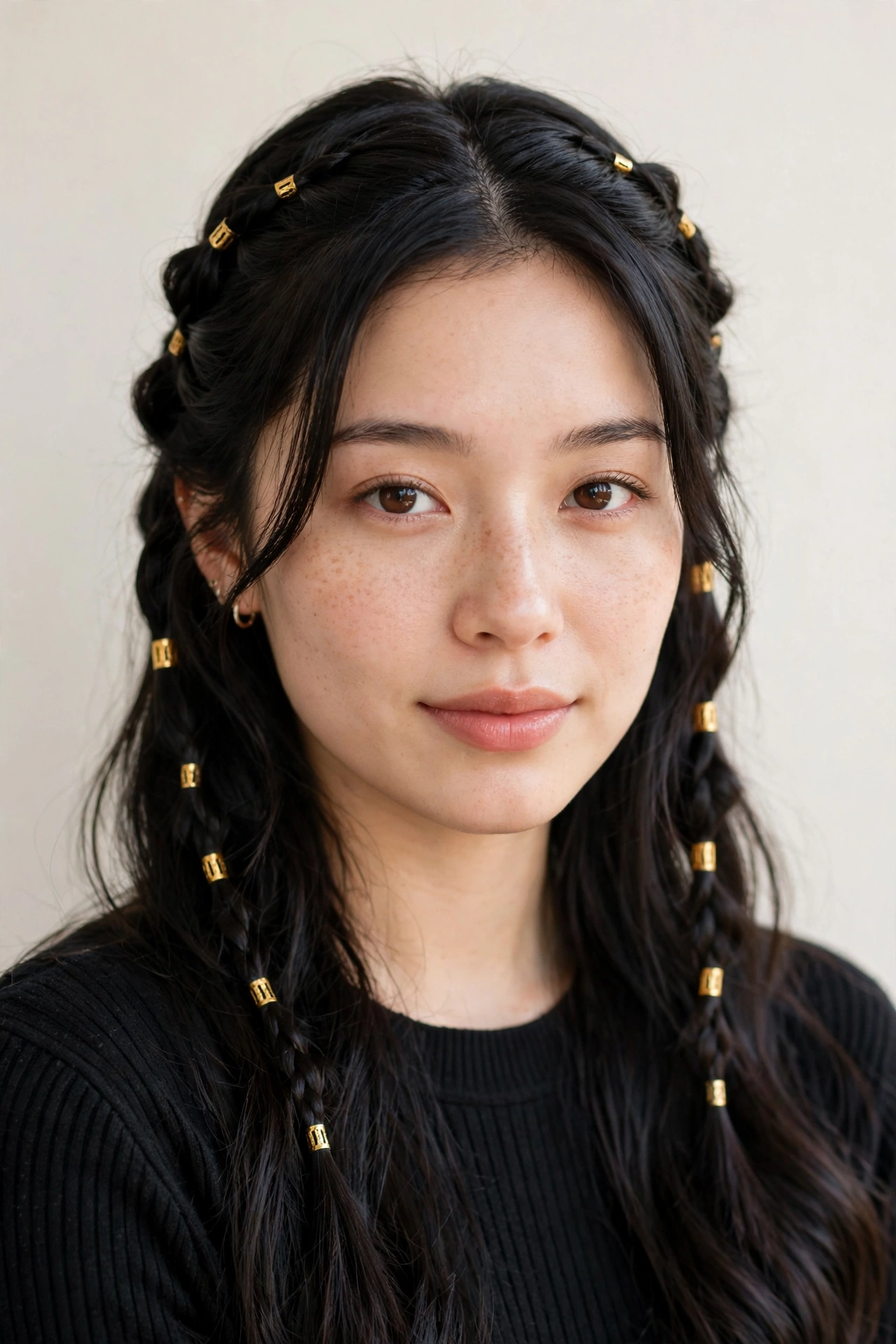 Soft Black Valentine Date Night Hairstyles with Soft Braided Pieces with Small Gold Cuffs