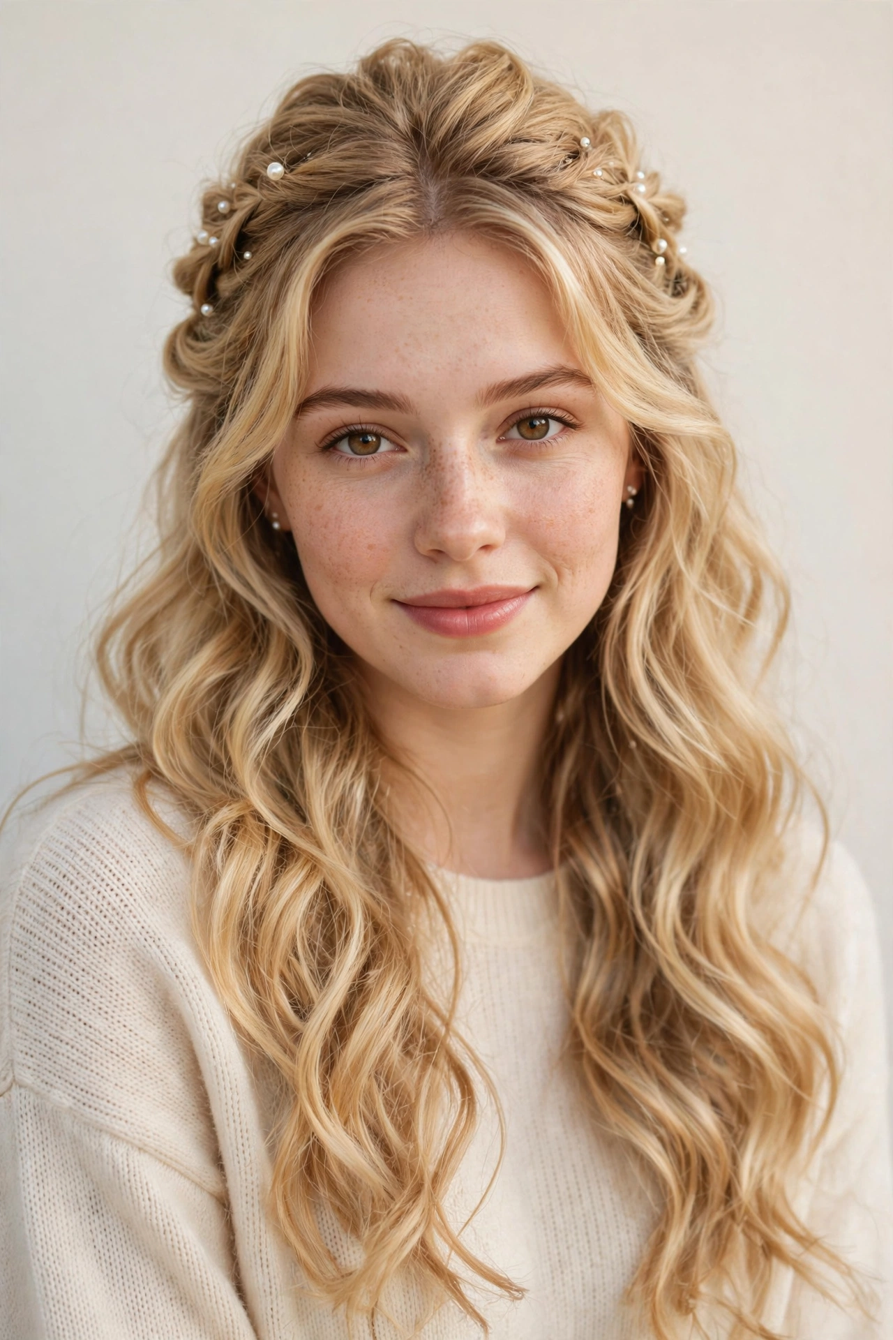Golden Blonde Valentine Date Night Hairstyles with Soft Braided Pieces with Delicate Pearl Pins