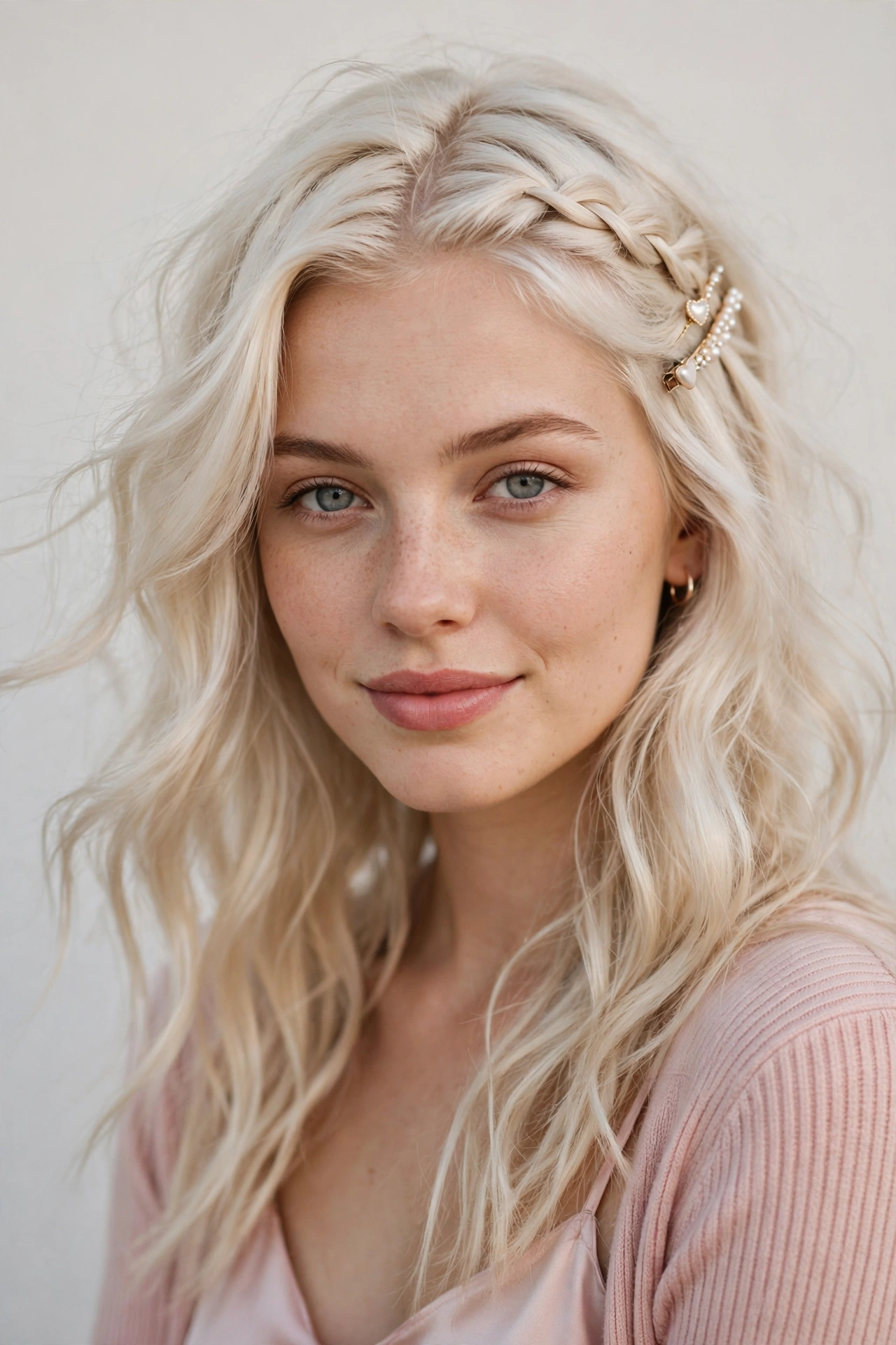 Valentine Date Night Hairstyles with Soft Braided Pieces in platinum blonde with a relaxed with movement finish