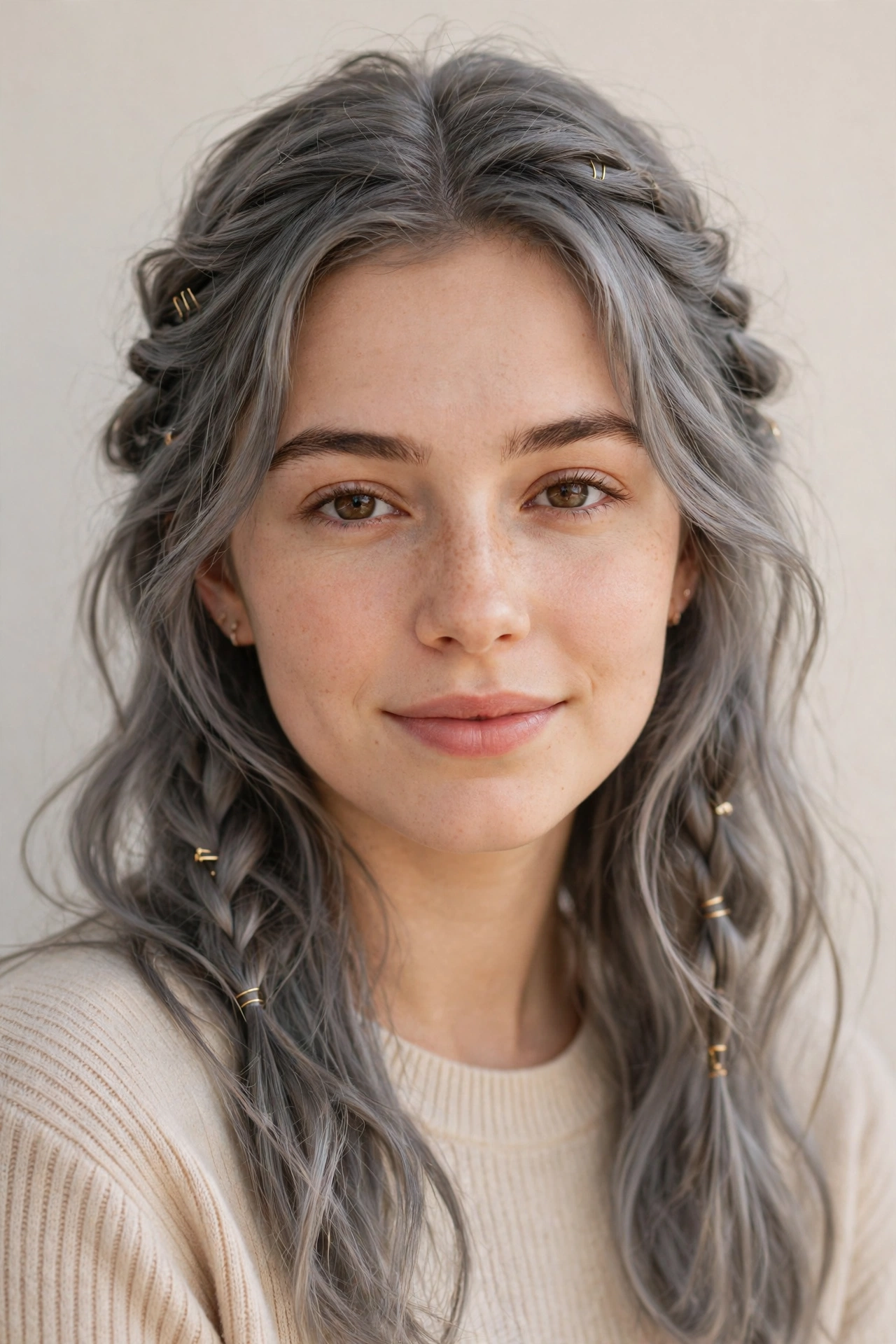 Soft Grey-Blended Valentine Date Night Hairstyles with Soft Braided Pieces with Minimal Gold Pins
