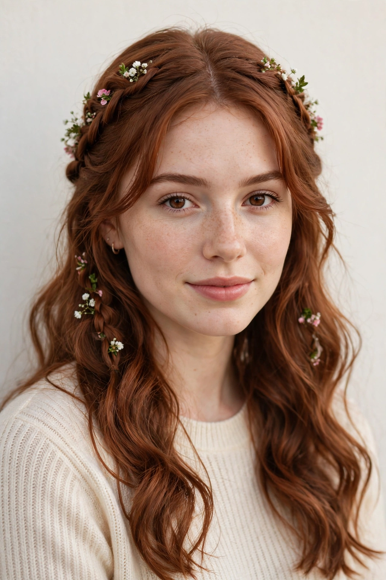 Soft Auburn Valentine Date Night Hairstyles with Soft Braided Pieces with Tiny Fresh Flowers