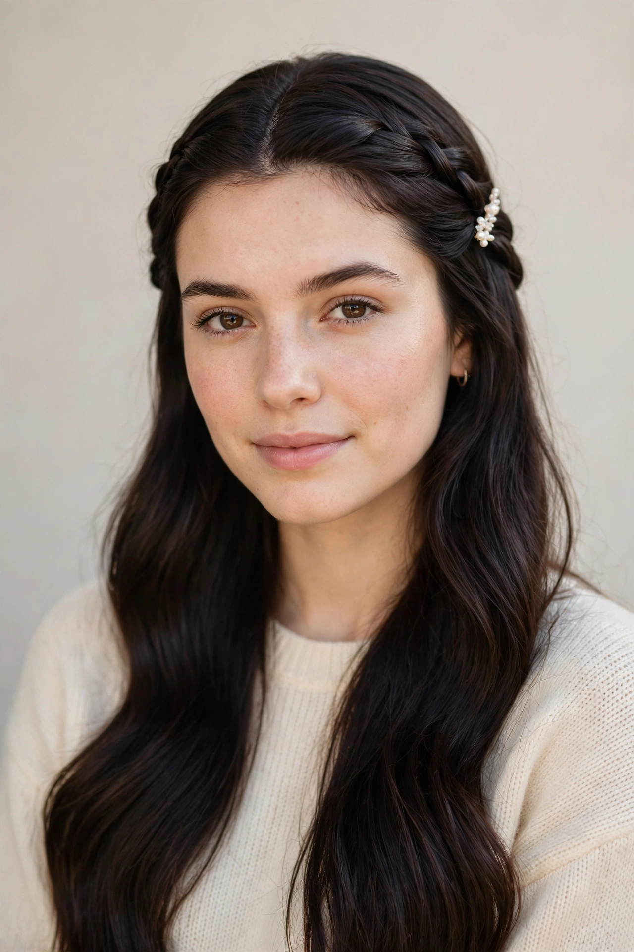 Valentine Date Night Hairstyles with Soft Braided Pieces in deep brunette with a sleek with shine finish