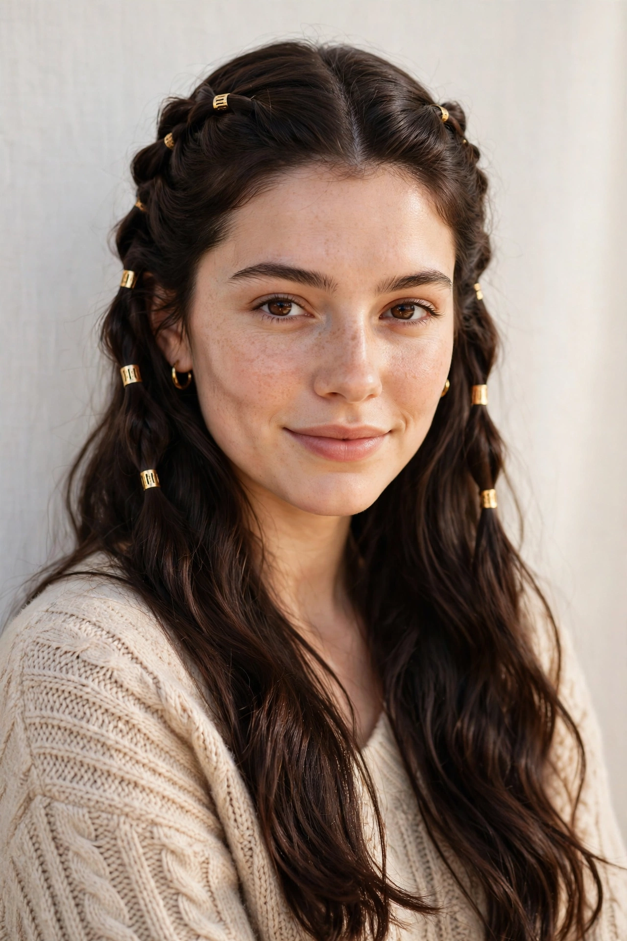 Dark Chocolate Valentine Date Night Hairstyles with Soft Braided Pieces with Small Gold Cuffs