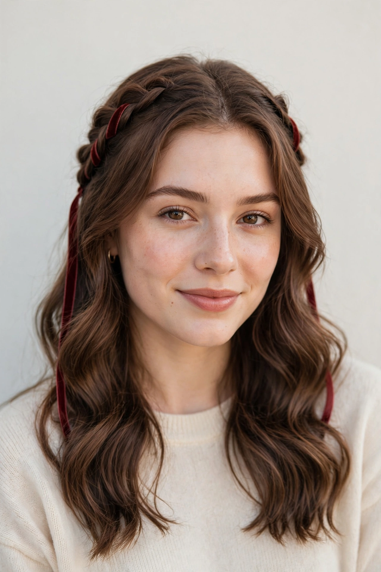 Valentine Date Night Hairstyles with Soft Braided Pieces in warm brown with a softly waved finish