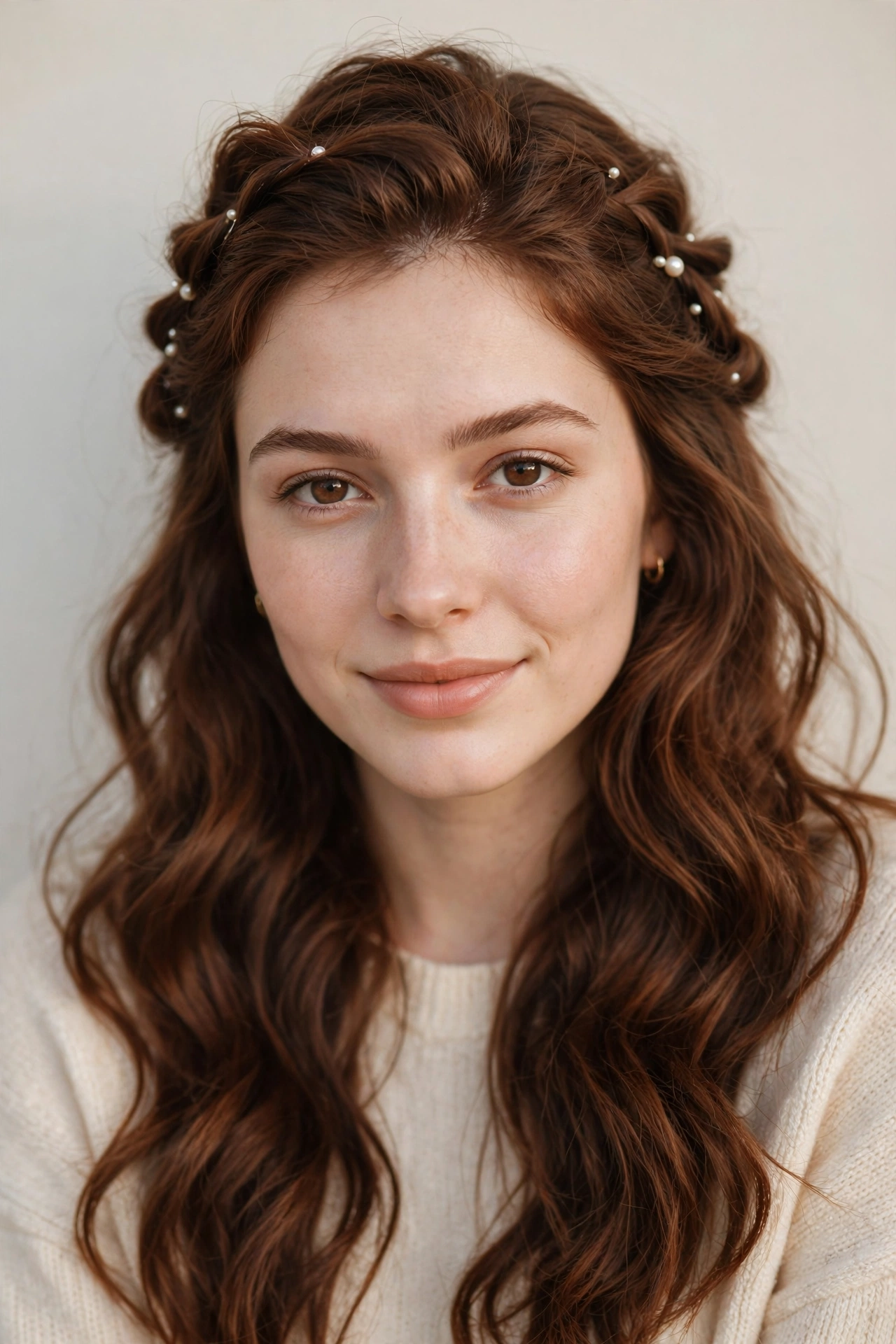 Chestnut Valentine Date Night Hairstyles with Soft Braided Pieces with Delicate Pearl Pins