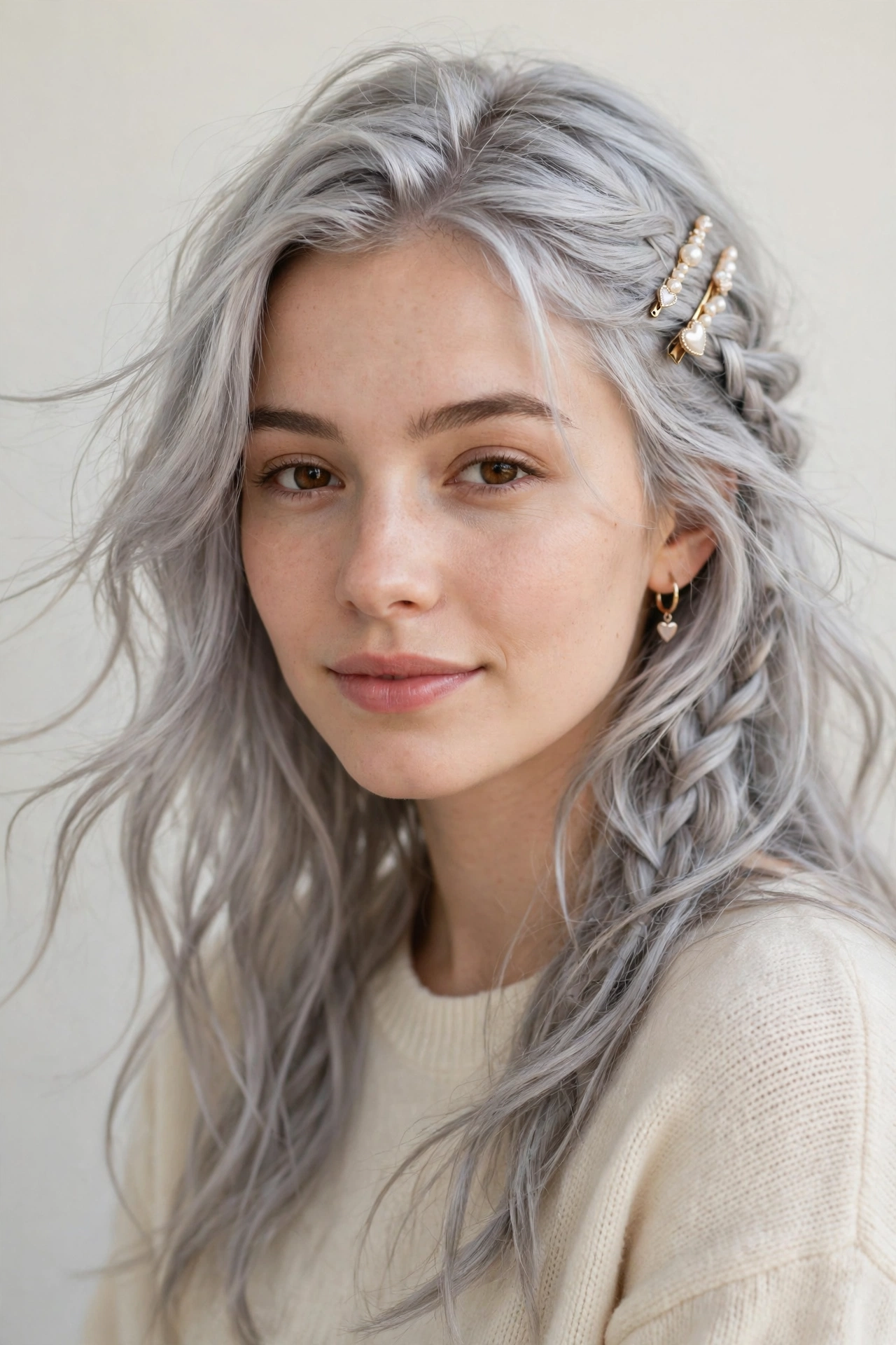 Valentine Date Night Hairstyles with Soft Braided Pieces in silver with a relaxed with movement finish