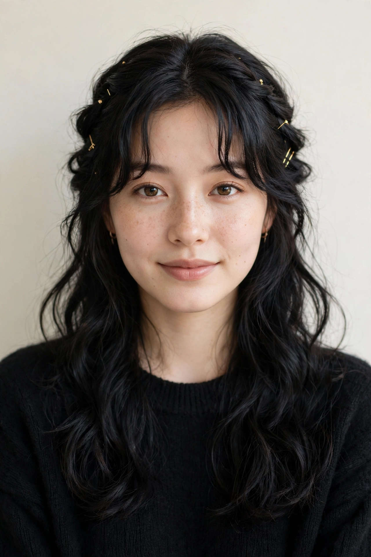Soft Black Valentine Date Night Hairstyles with Soft Braided Pieces with Minimal Gold Pins
