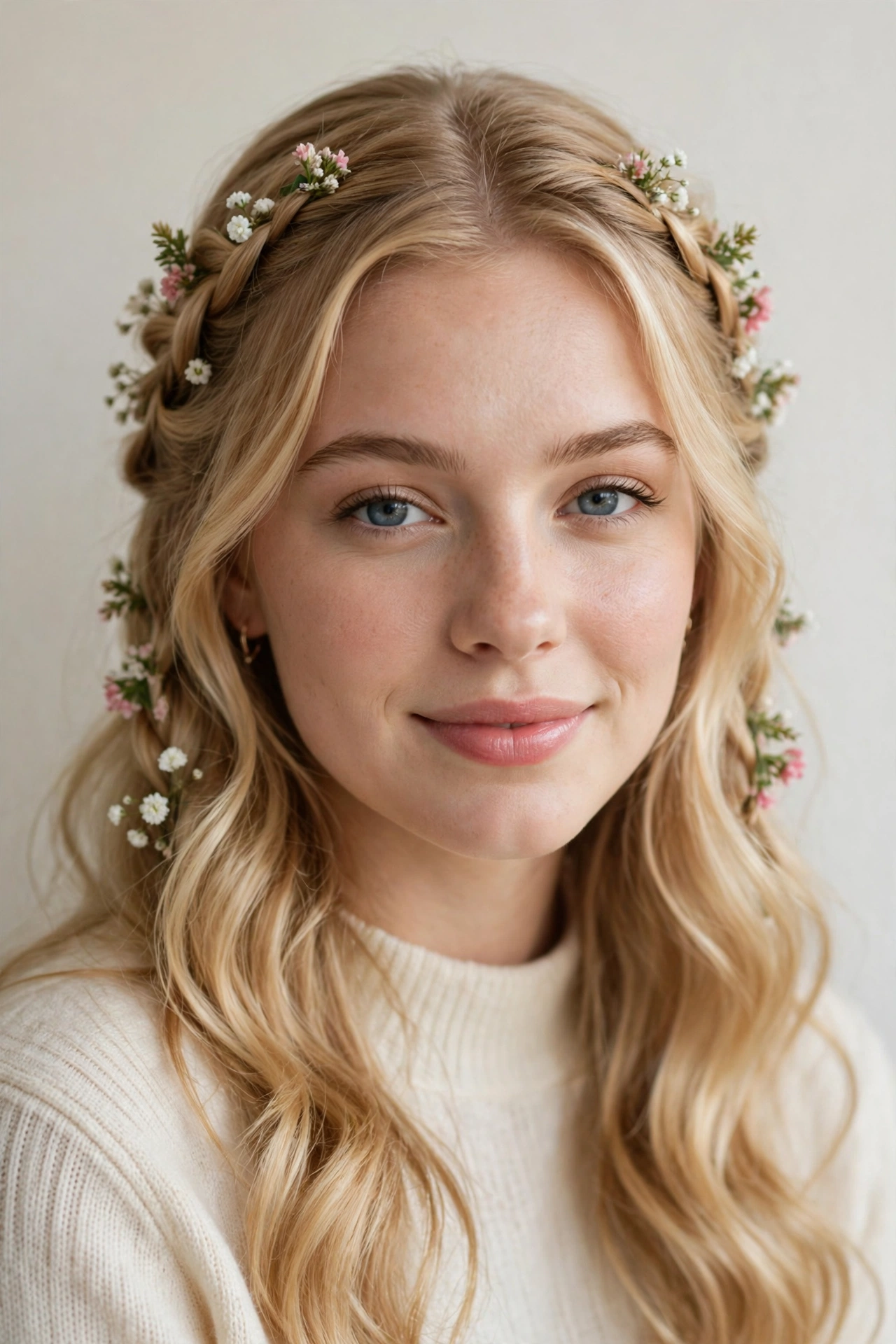 Golden Blonde Valentine Date Night Hairstyles with Soft Braided Pieces with Tiny Fresh Flowers