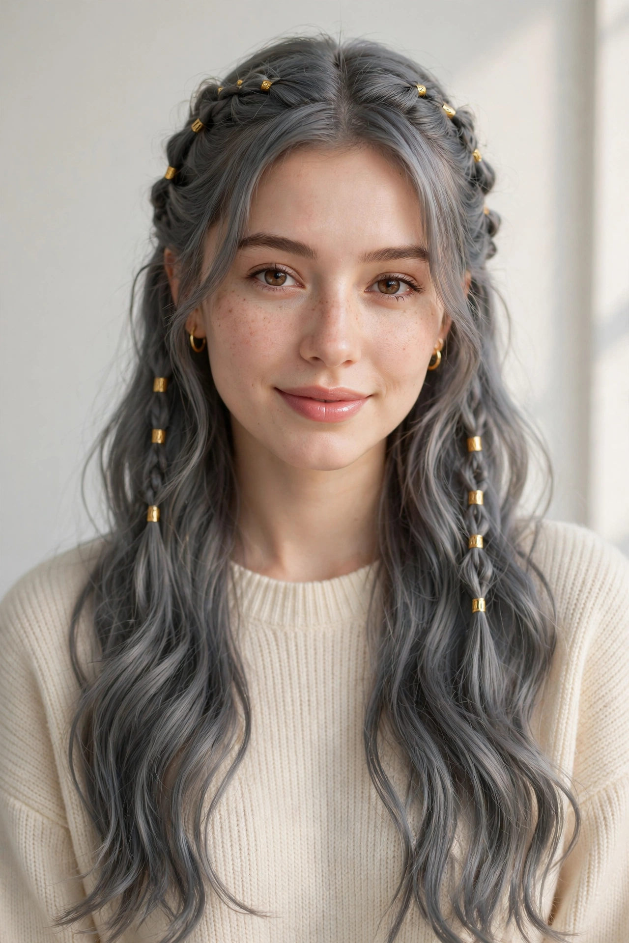 Soft Grey-Blended Valentine Date Night Hairstyles with Soft Braided Pieces with Small Gold Cuffs
