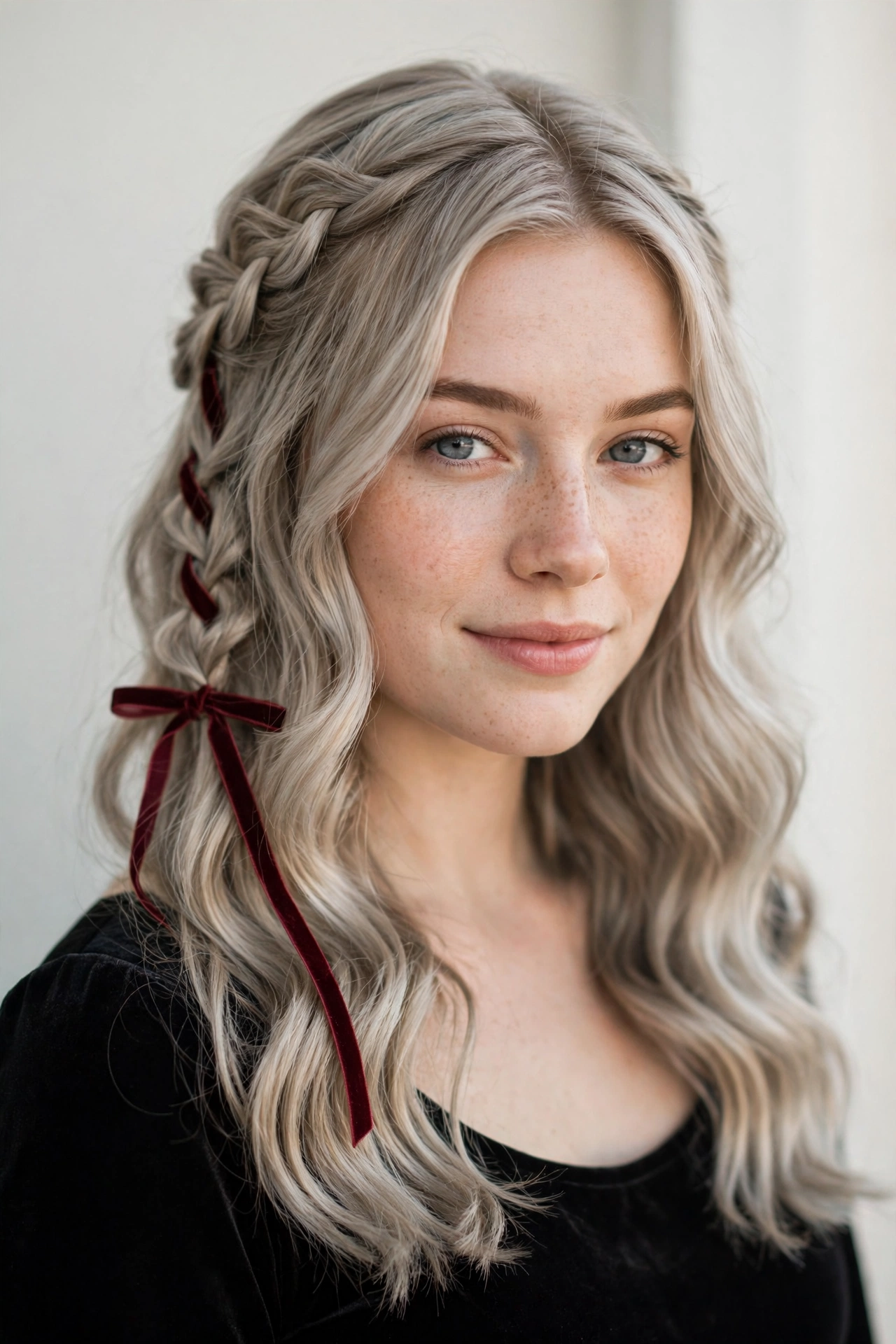 Valentine Date Night Hairstyles with Soft Braided Pieces in ash blonde with a softly waved finish