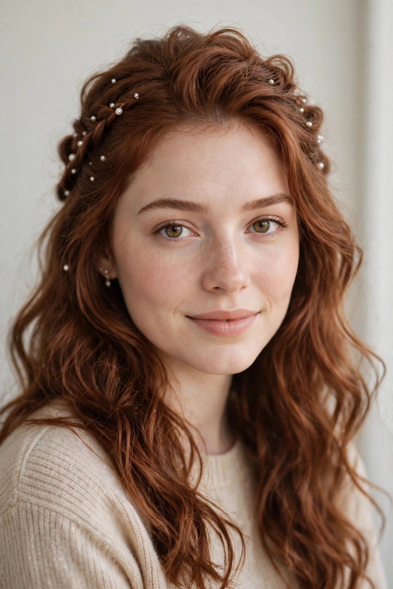 Soft Auburn Valentine Date Night Hairstyles with Soft Braided Pieces with Delicate Pearl Pins
