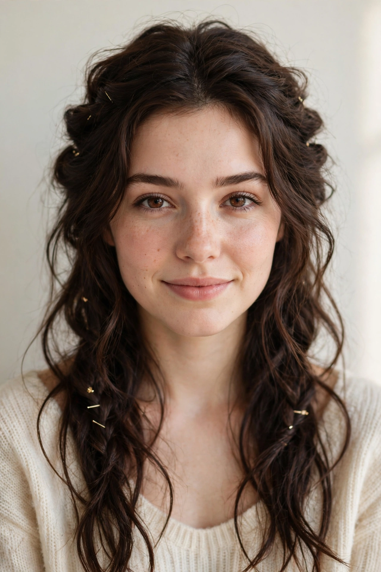 Dark Chocolate Valentine Date Night Hairstyles with Soft Braided Pieces with Minimal Gold Pins