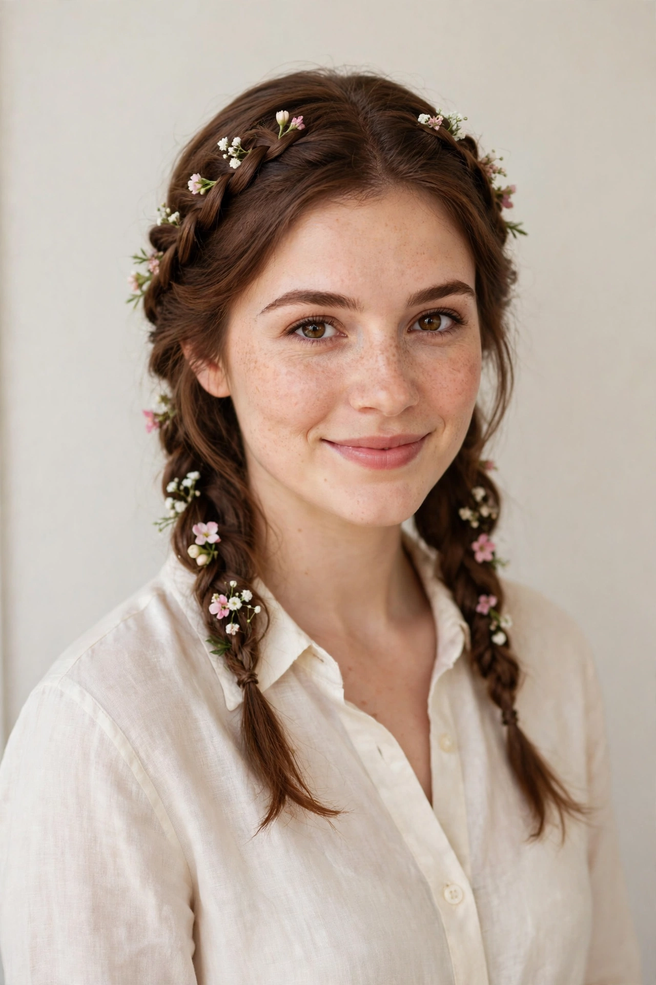Chestnut Valentine Date Night Hairstyles with Soft Braided Pieces with Tiny Fresh Flowers for A Smart Daytime Event