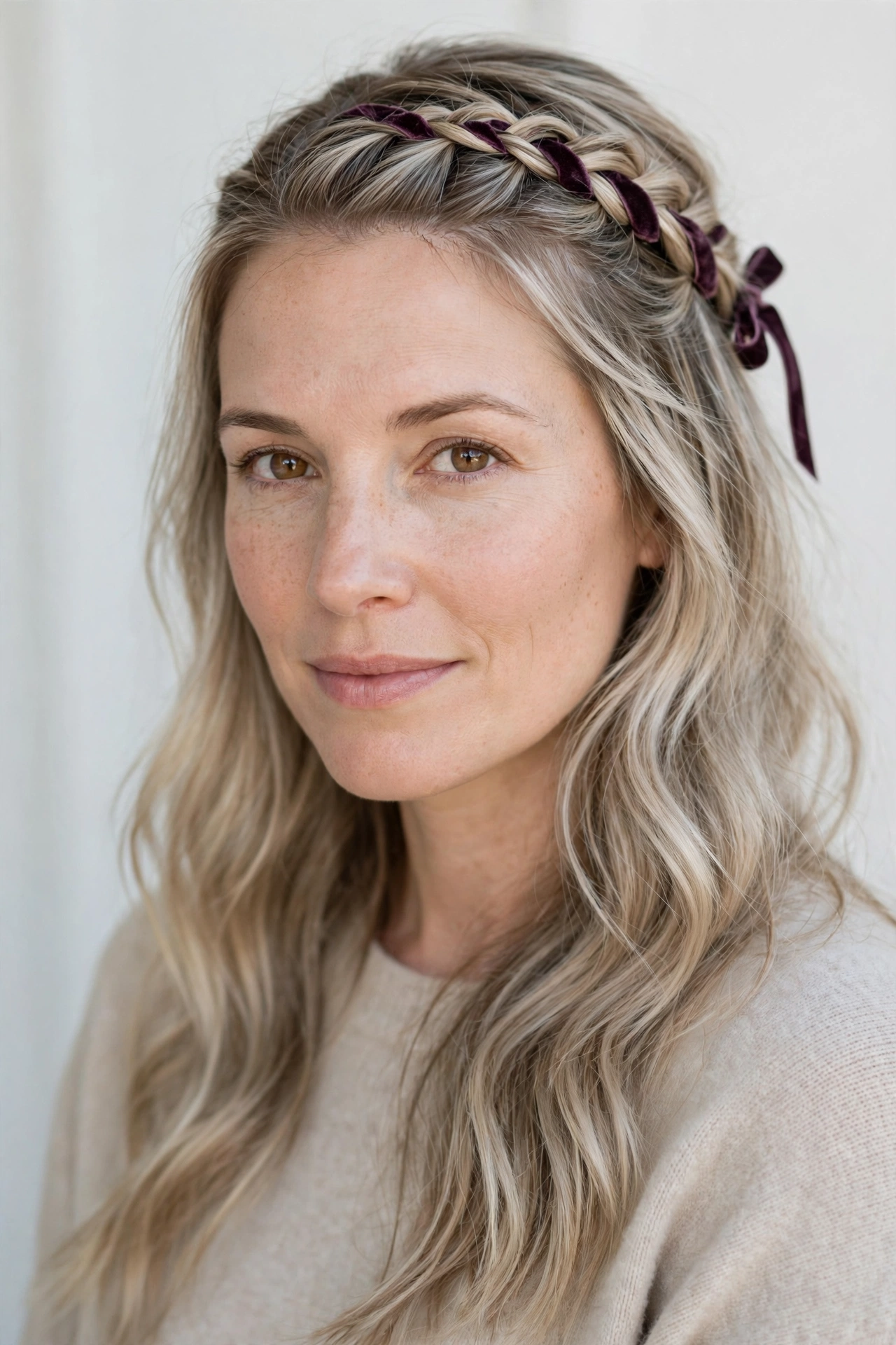 28 Valentine Half Up Hairstyles for Women in Their 30s with a Braided Top Section That Are Romantic, Chic and Easy to Wear 2 Ash Blonde Valentine Half Up Hairstyles with a Braided Top Section with A Slim Velvet Ribbon