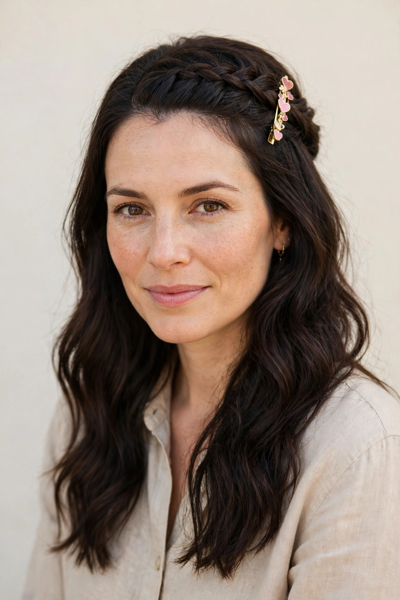 28 Valentine Half Up Hairstyles for Women in Their 30s with a Braided Top Section That Are Romantic, Chic and Easy to Wear 4 Deep Brunette Valentine Half Up Hairstyles with a Braided Top Section with A Pretty Barrette