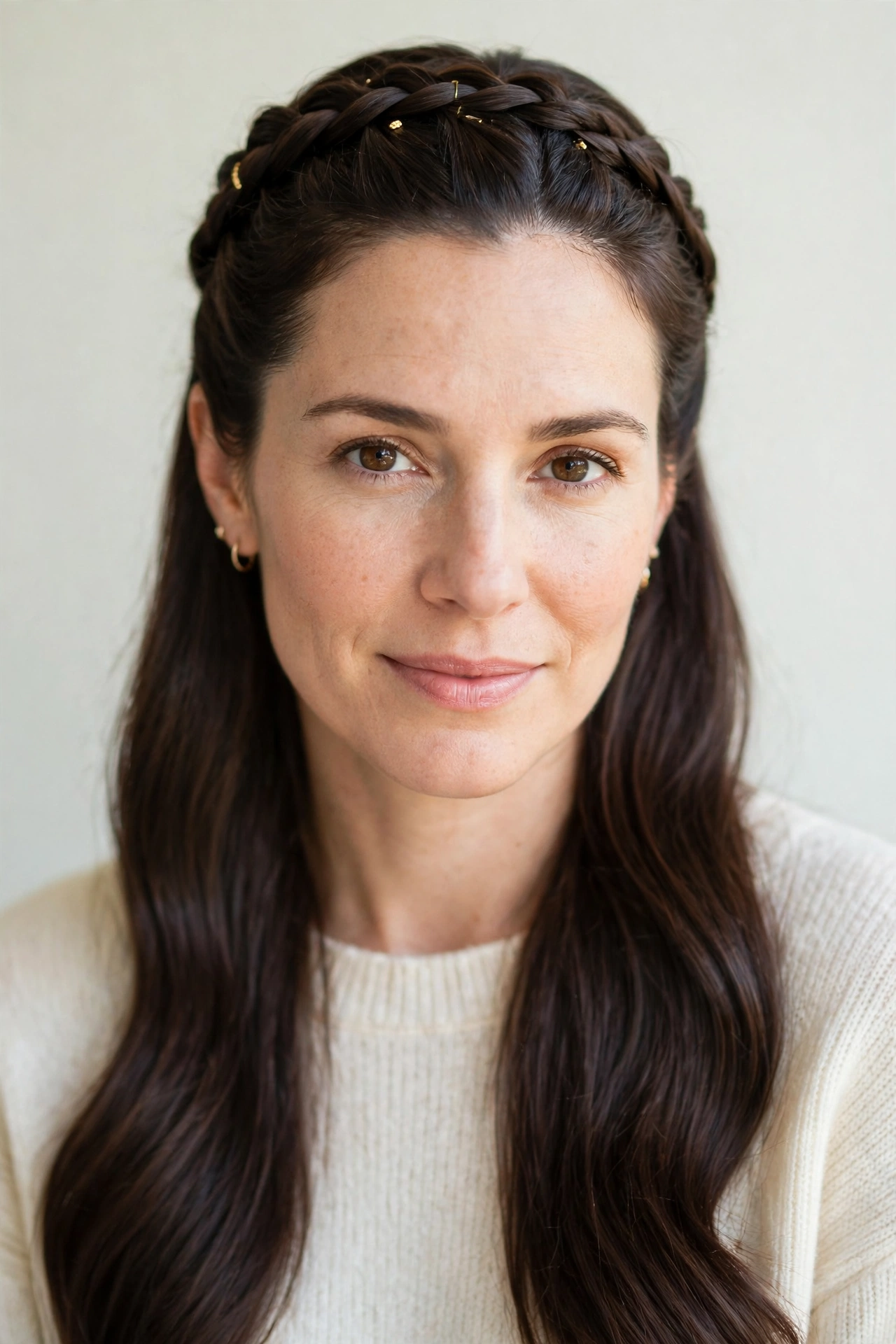 28 Valentine Half Up Hairstyles for Women in Their 30s with a Braided Top Section That Are Romantic, Chic and Easy to Wear 5 Valentine Half Up Hairstyles with a Braided Top Section in dark chocolate with a smooth and polished finish