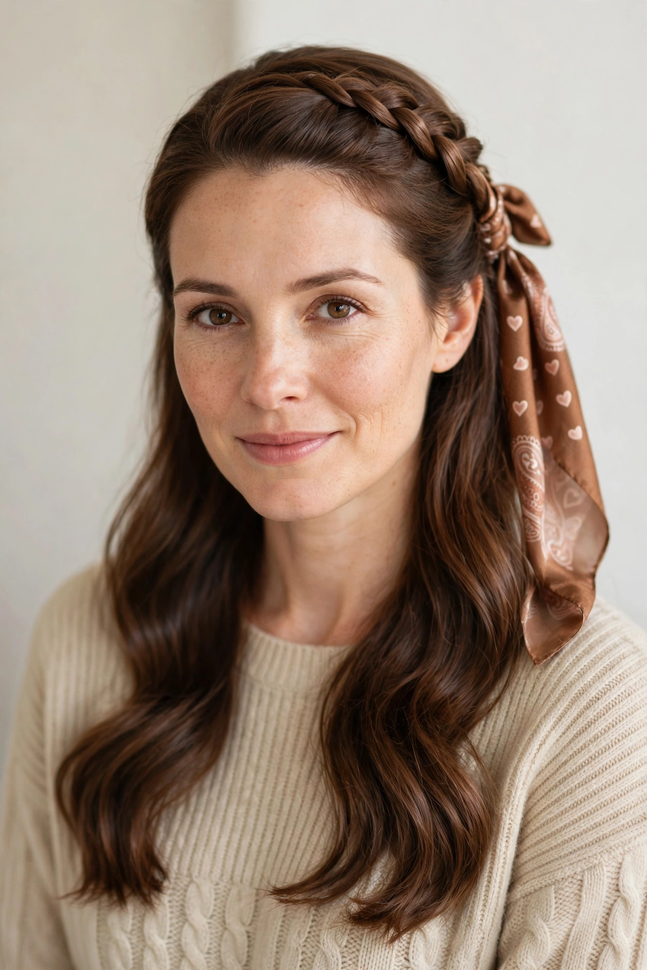 28 Valentine Half Up Hairstyles for Women in Their 30s with a Braided Top Section That Are Romantic, Chic and Easy to Wear 6 Warm Brown Valentine Half Up Hairstyles with a Braided Top Section with A Silk Scarf Accent