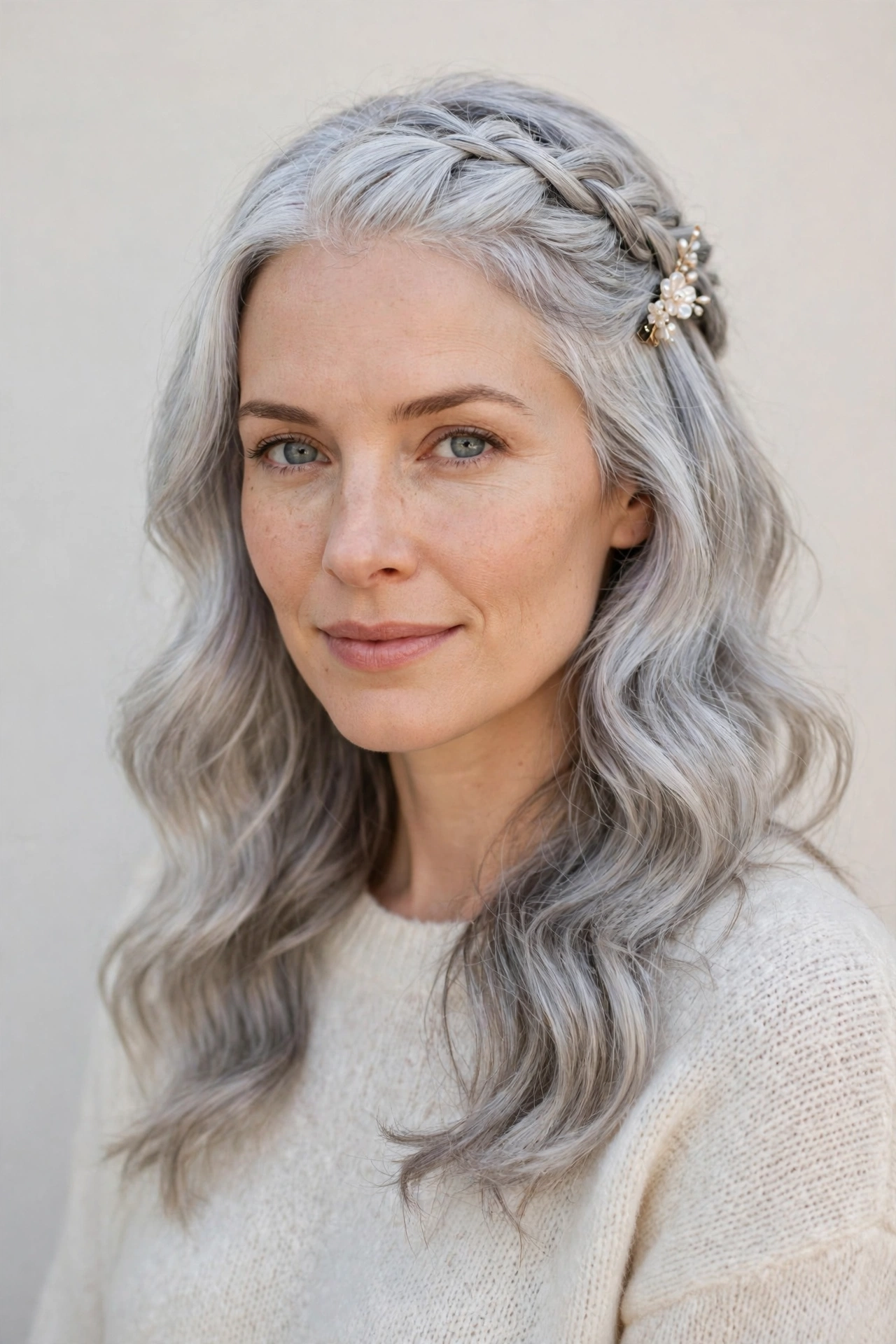 28 Valentine Half Up Hairstyles for Women in Their 30s with a Braided Top Section That Are Romantic, Chic and Easy to Wear 8 Silver Valentine Half Up Hairstyles with a Braided Top Section with A Dainty Hair Clip
