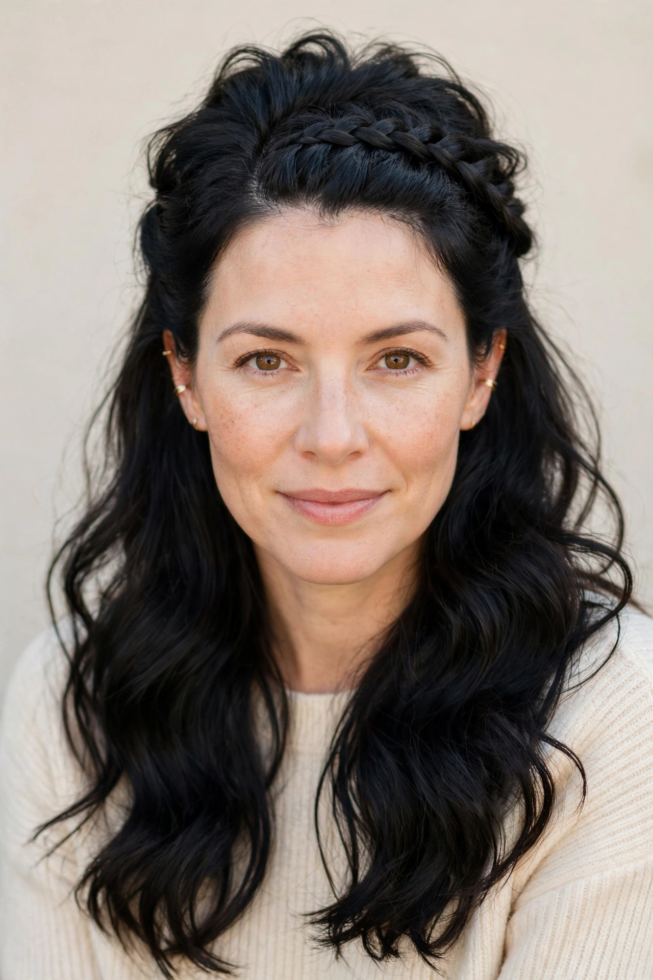 28 Valentine Half Up Hairstyles for Women in Their 30s with a Braided Top Section That Are Romantic, Chic and Easy to Wear 9 Valentine Half Up Hairstyles with a Braided Top Section in soft black with a voluminous at the roots finish