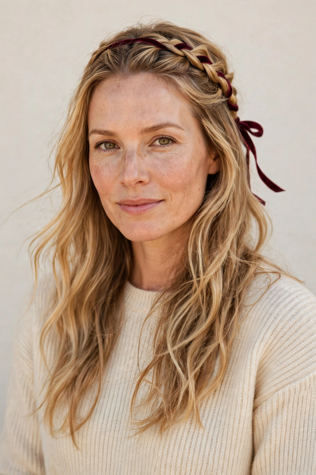 28 Valentine Half Up Hairstyles for Women in Their 30s with a Braided Top Section That Are Romantic, Chic and Easy to Wear 10 Honey Blonde Valentine Half Up Hairstyles with a Braided Top Section with A Slim Velvet Ribbon