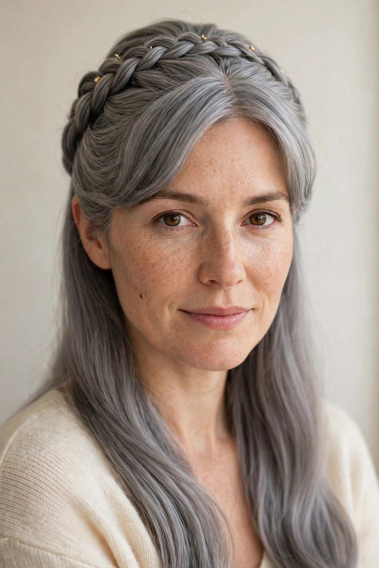 28 Valentine Half Up Hairstyles for Women in Their 30s with a Braided Top Section That Are Romantic, Chic and Easy to Wear 13 Valentine Half Up Hairstyles with a Braided Top Section in soft grey-blended with a smooth and polished finish