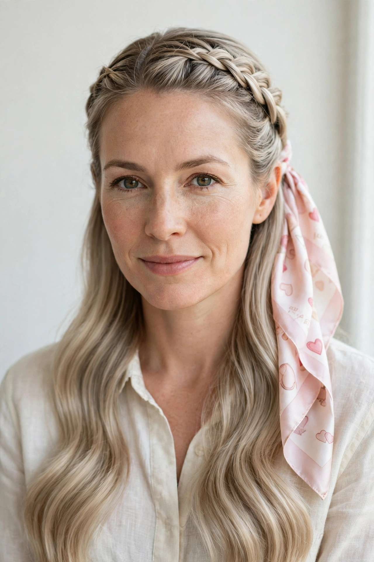 28 Valentine Half Up Hairstyles for Women in Their 30s with a Braided Top Section That Are Romantic, Chic and Easy to Wear 14 Ash Blonde Valentine Half Up Hairstyles with a Braided Top Section with A Silk Scarf Accent