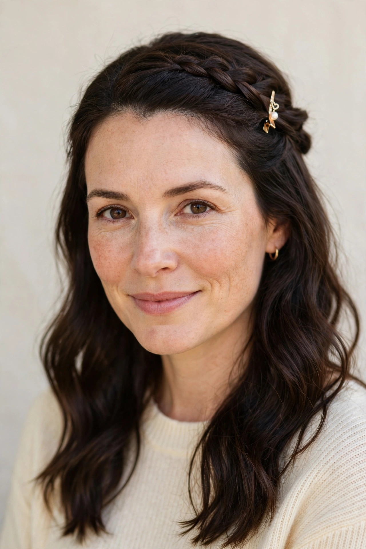 28 Valentine Half Up Hairstyles for Women in Their 30s with a Braided Top Section That Are Romantic, Chic and Easy to Wear 16 Deep Brunette Valentine Half Up Hairstyles with a Braided Top Section with A Dainty Hair Clip