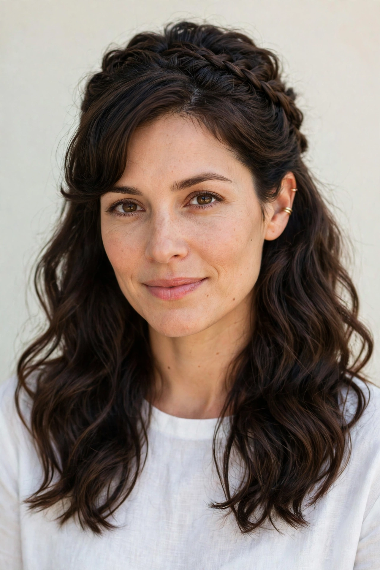 28 Valentine Half Up Hairstyles for Women in Their 30s with a Braided Top Section That Are Romantic, Chic and Easy to Wear 17 Valentine Half Up Hairstyles with a Braided Top Section in dark chocolate with a voluminous at the roots finish