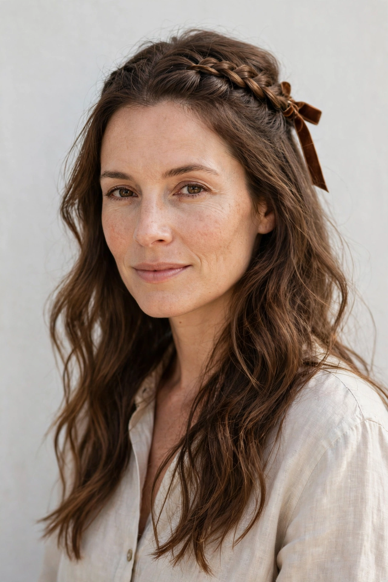 28 Valentine Half Up Hairstyles for Women in Their 30s with a Braided Top Section That Are Romantic, Chic and Easy to Wear 18 Warm Brown Valentine Half Up Hairstyles with a Braided Top Section with A Slim Velvet Ribbon