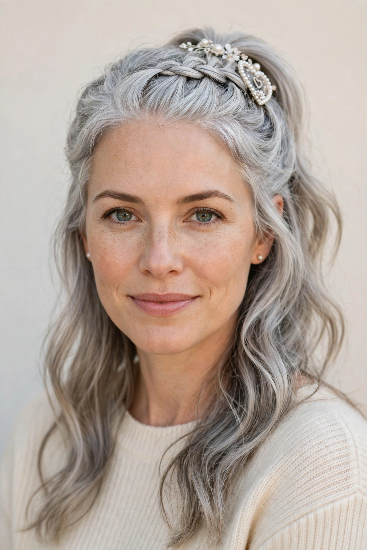 28 Valentine Half Up Hairstyles for Women in Their 30s with a Braided Top Section That Are Romantic, Chic and Easy to Wear 20 Silver Valentine Half Up Hairstyles with a Braided Top Section with A Pretty Barrette