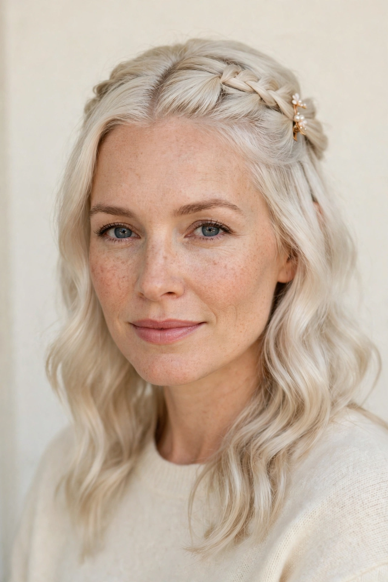 28 Valentine Half Up Hairstyles for Women in Their 30s with a Braided Top Section That Are Romantic, Chic and Easy to Wear 24 Platinum Blonde Valentine Half Up Hairstyles with a Braided Top Section with A Dainty Hair Clip